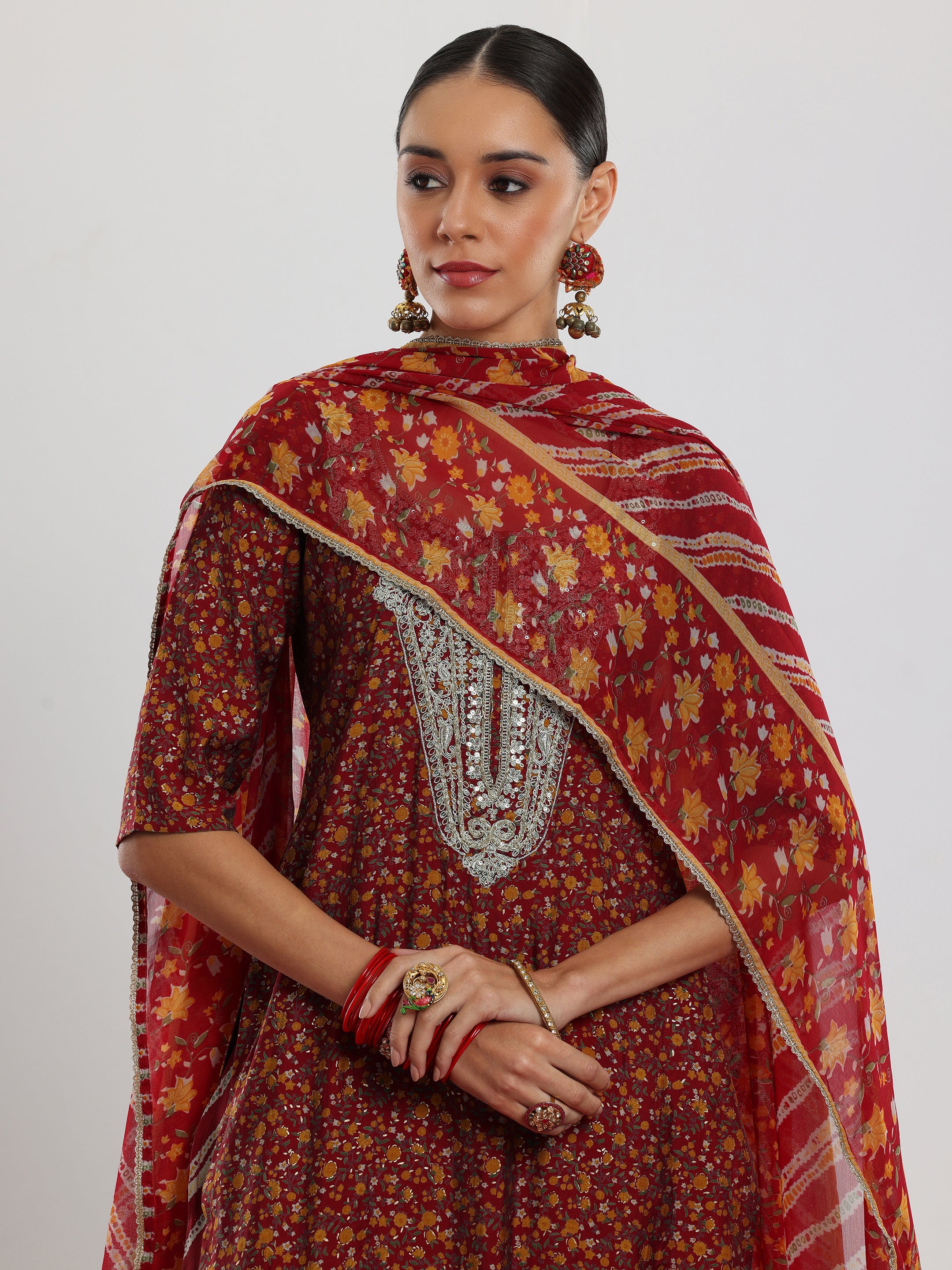 Maroon Printed Silk Blend Straight Suit With Dupatta