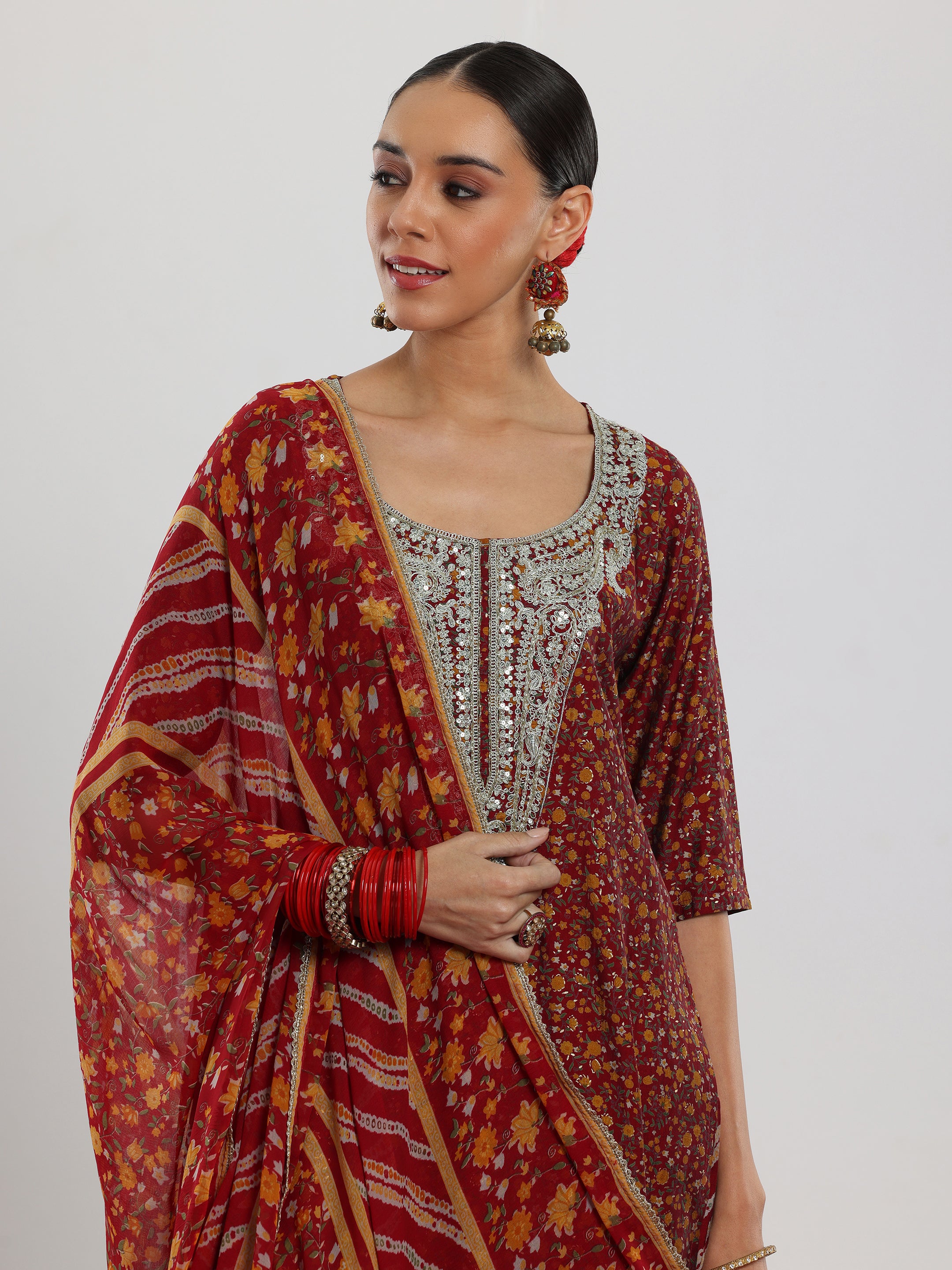 Maroon Printed Silk Blend Straight Suit With Dupatta