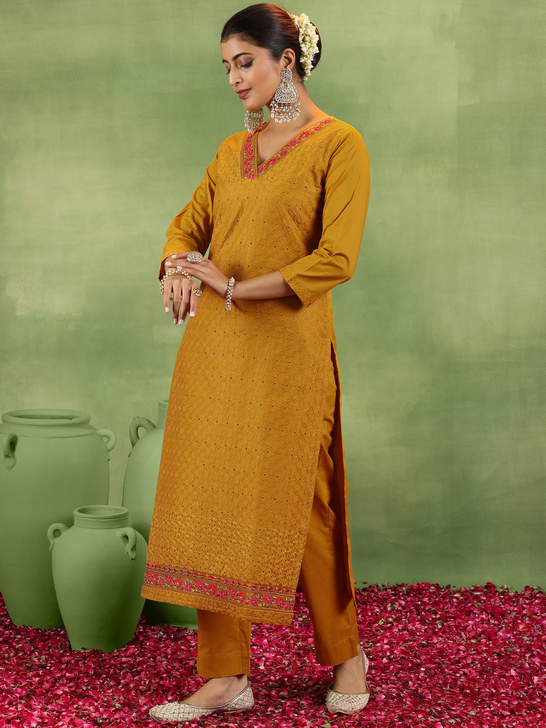 Mustard Embroidered Cotton Straight Suit With Dupatta