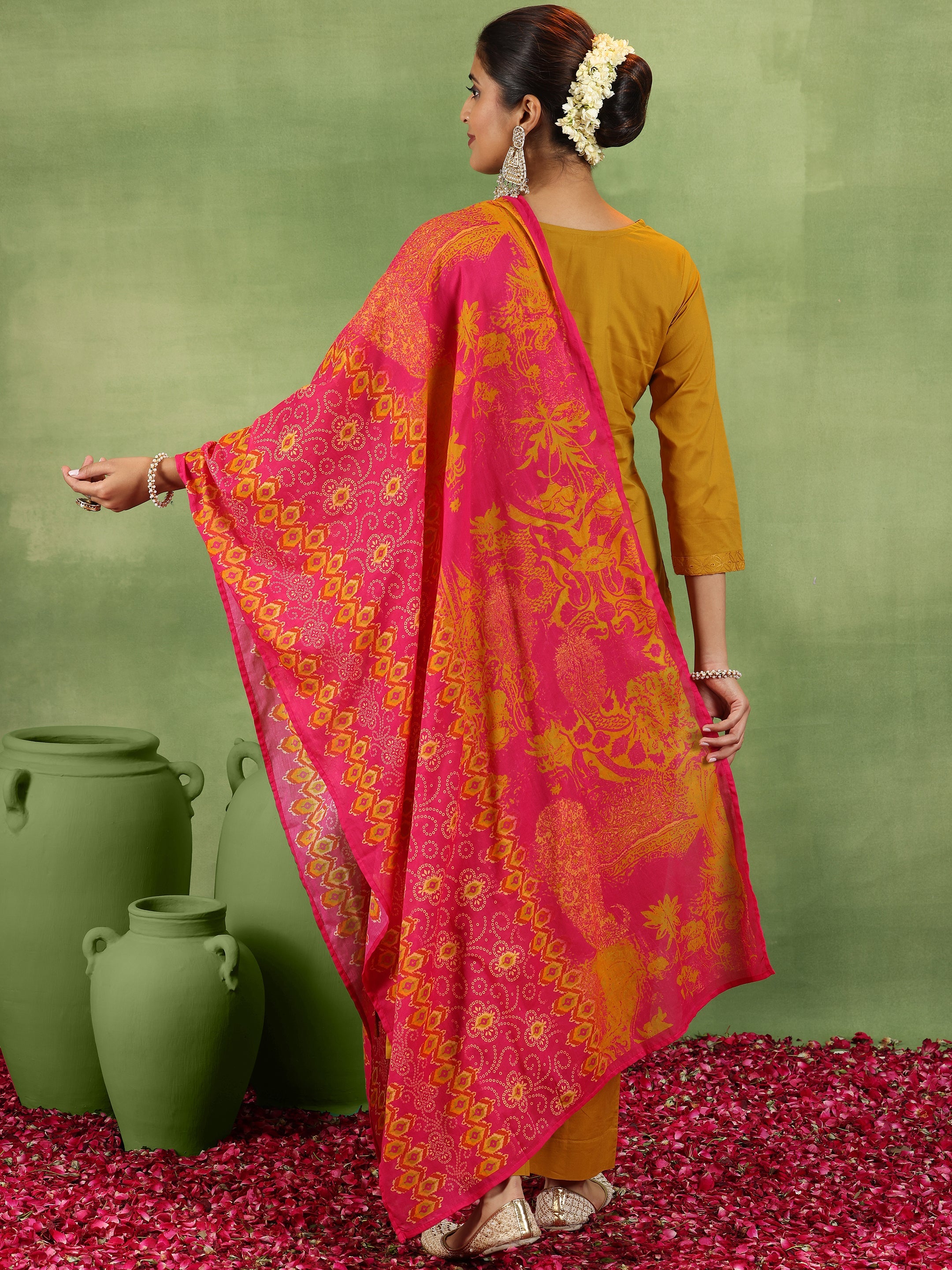 Mustard Embroidered Cotton Straight Suit With Dupatta