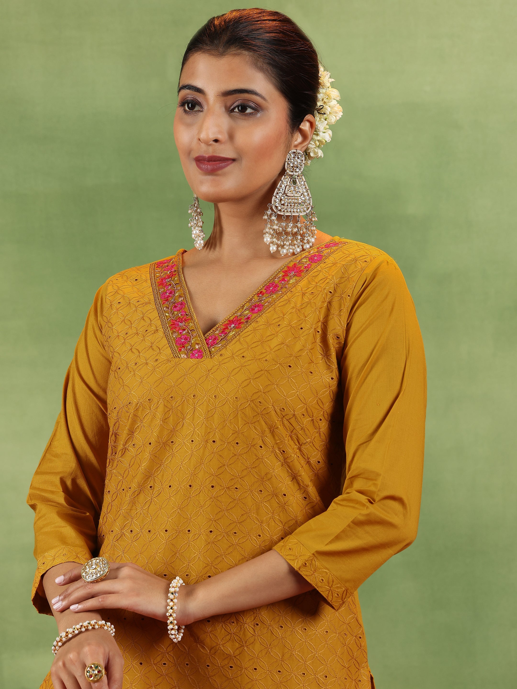 Mustard Embroidered Cotton Straight Suit With Dupatta