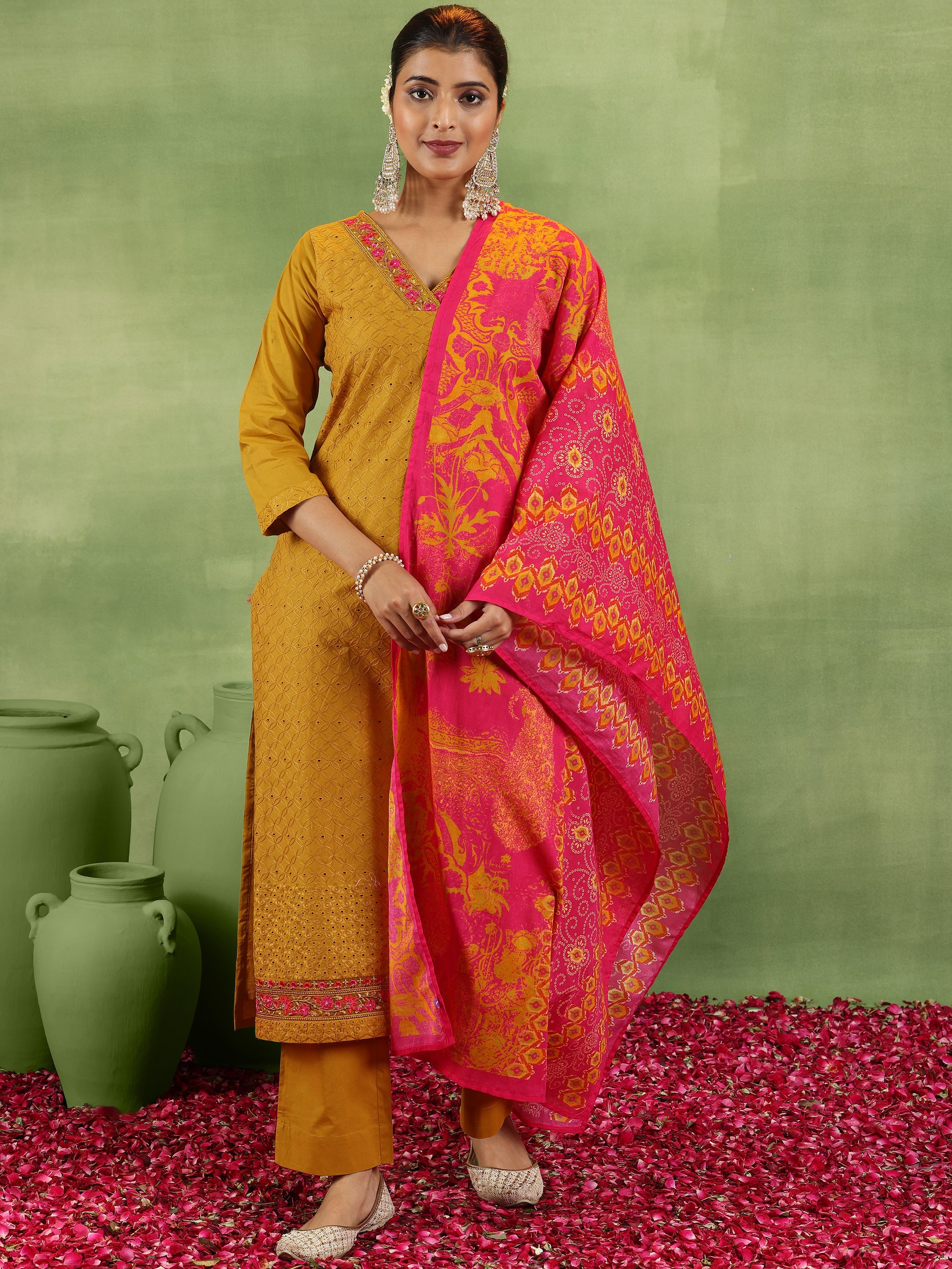 Mustard Embroidered Cotton Straight Suit With Dupatta