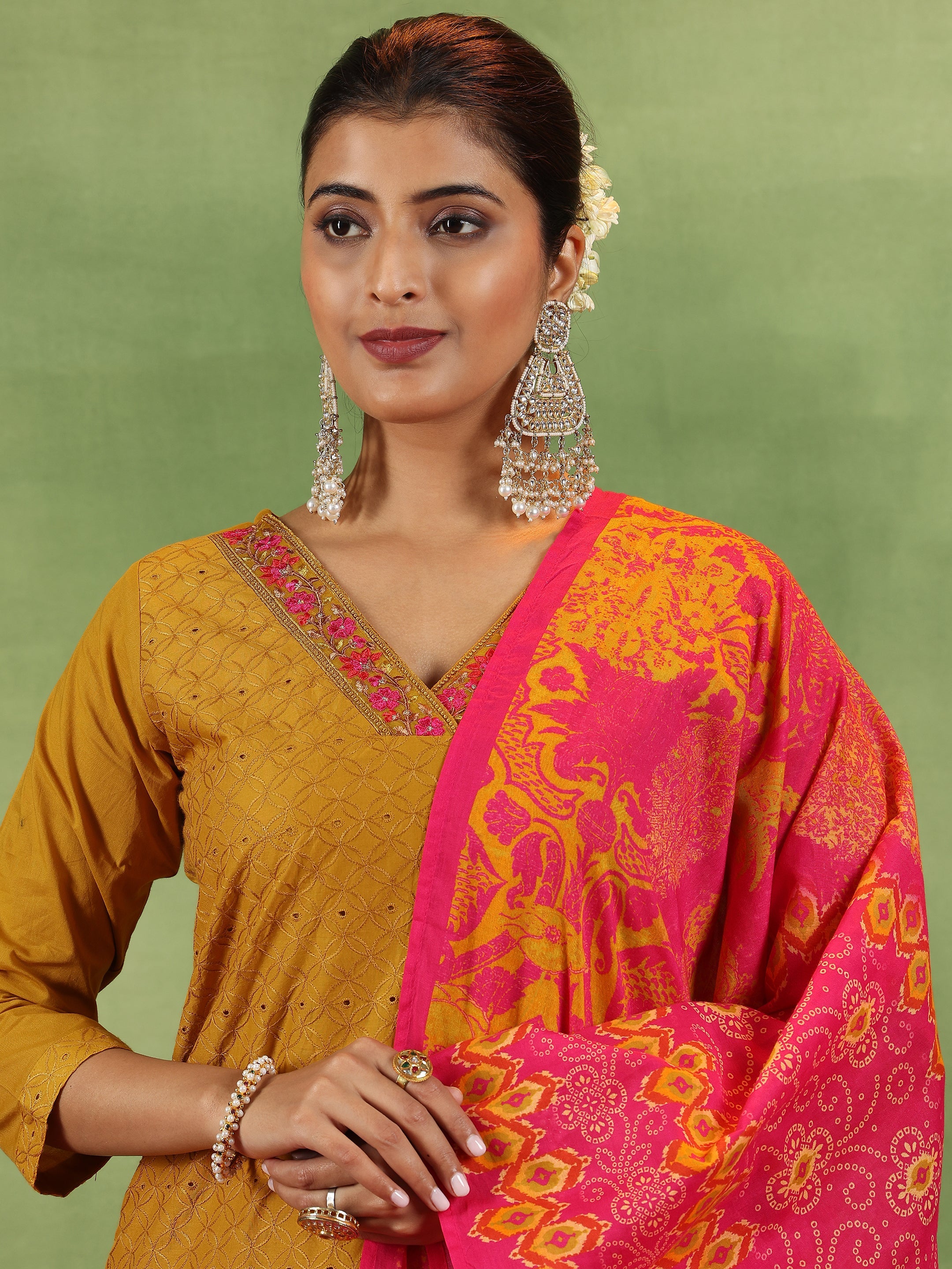 Mustard Embroidered Cotton Straight Suit With Dupatta