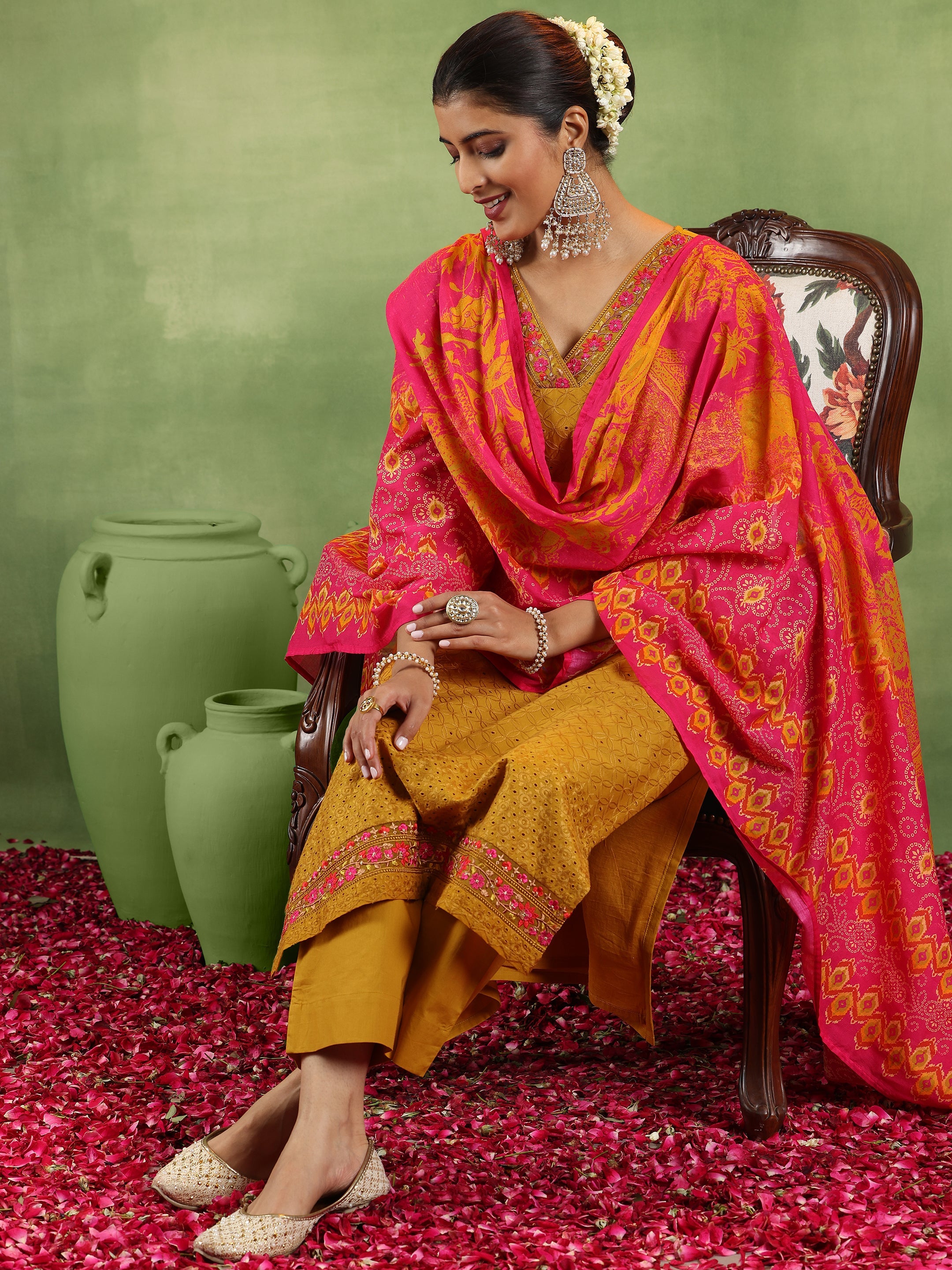 Mustard Embroidered Cotton Straight Suit With Dupatta