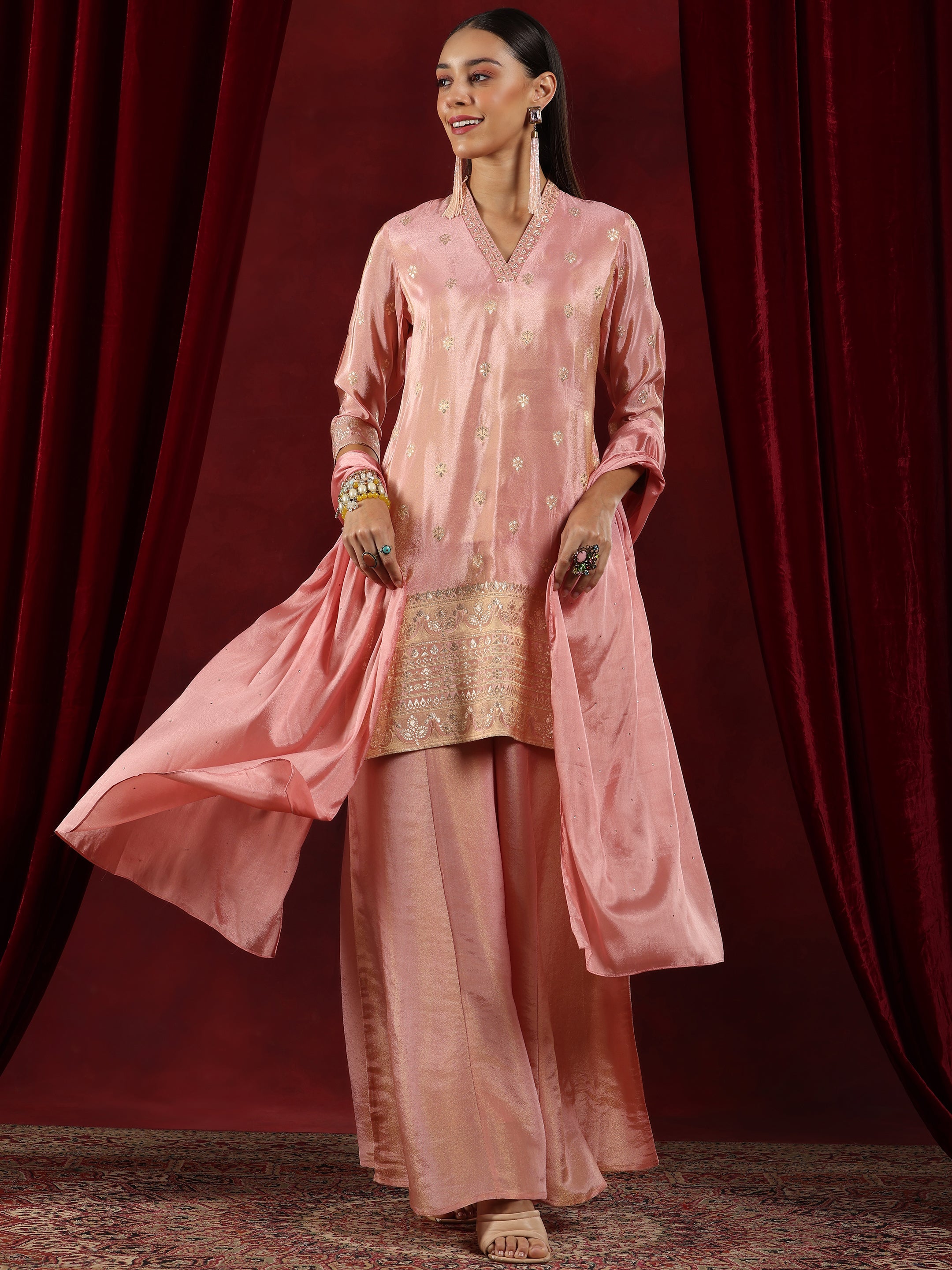 Libas Art Pink Woven Design Silk Blend Straight Suit With Dupatta