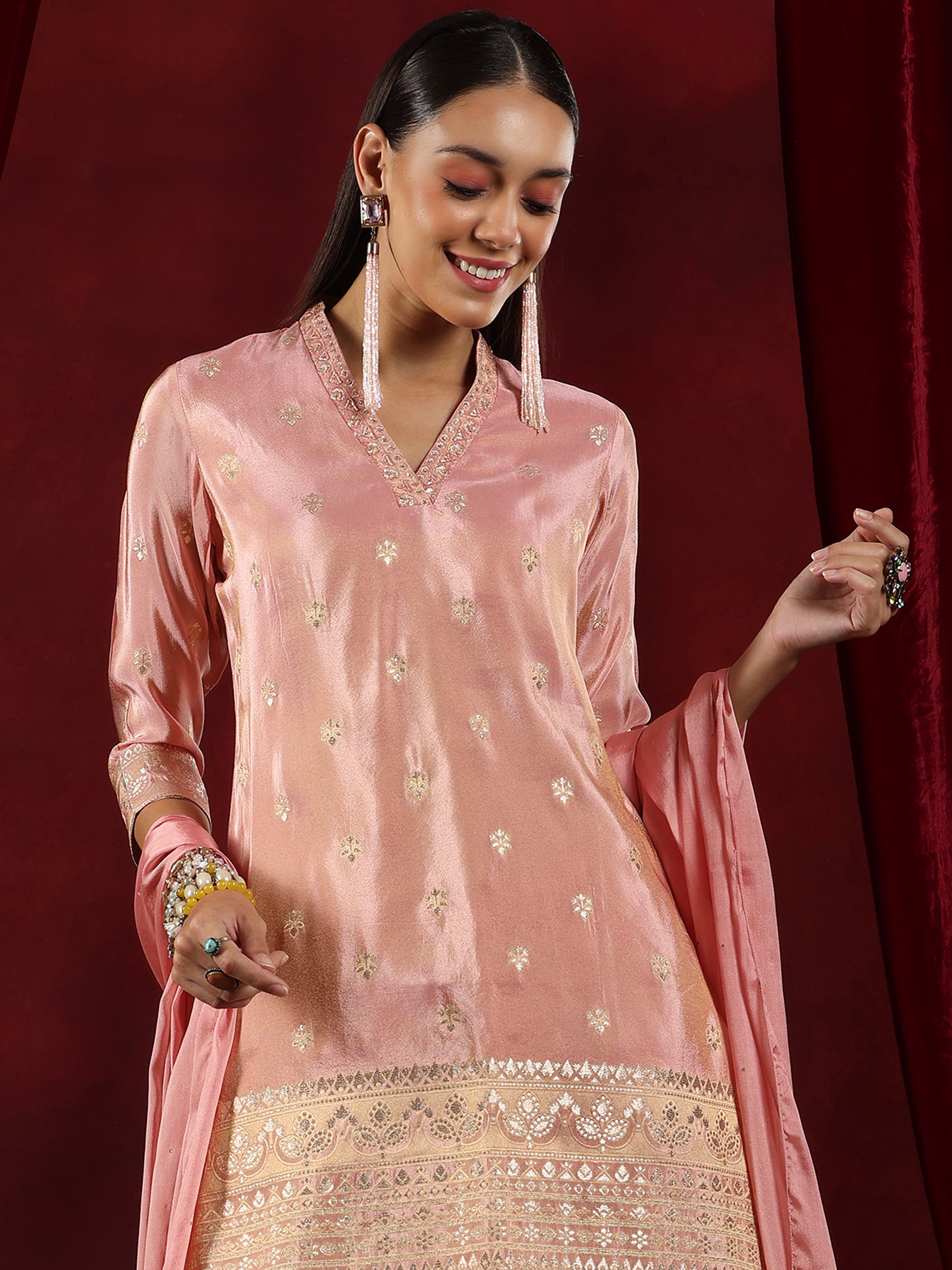 Libas Art Pink Woven Design Silk Blend Straight Suit With Dupatta