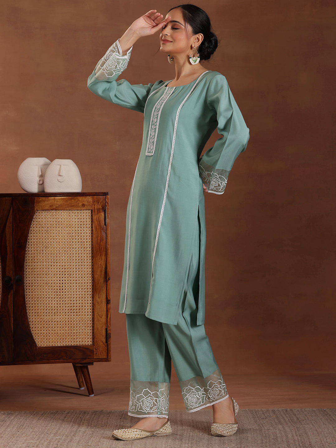 Green Self Design Silk Blend Straight Suit With Dupatta