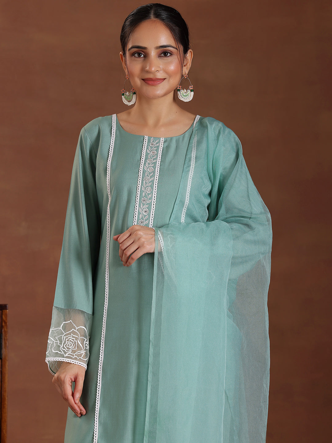 Green Self Design Silk Blend Straight Suit With Dupatta