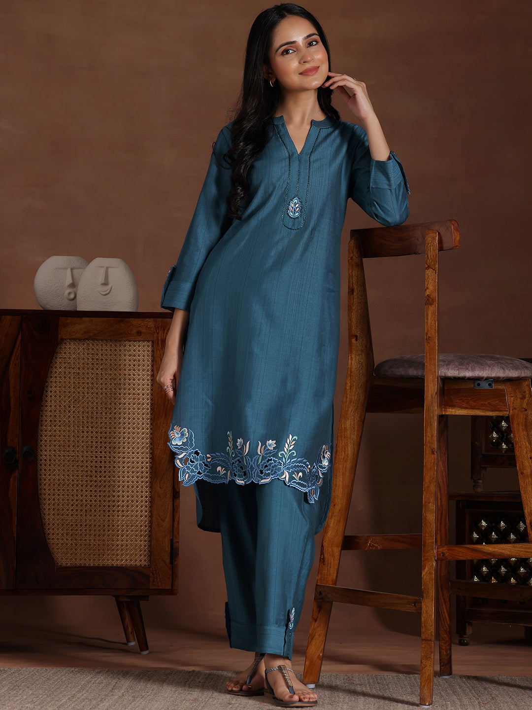 Blue Embroidered Silk Blend Co-Ords