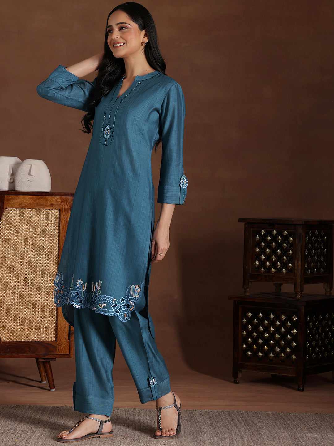 Blue Embroidered Silk Blend Co-Ords