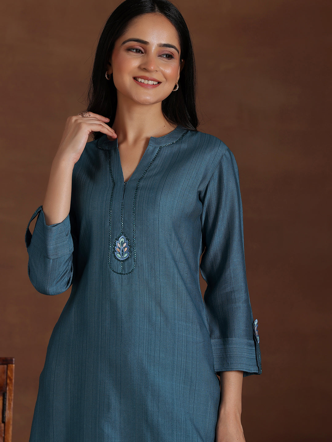 Blue Embroidered Silk Blend Co-Ords