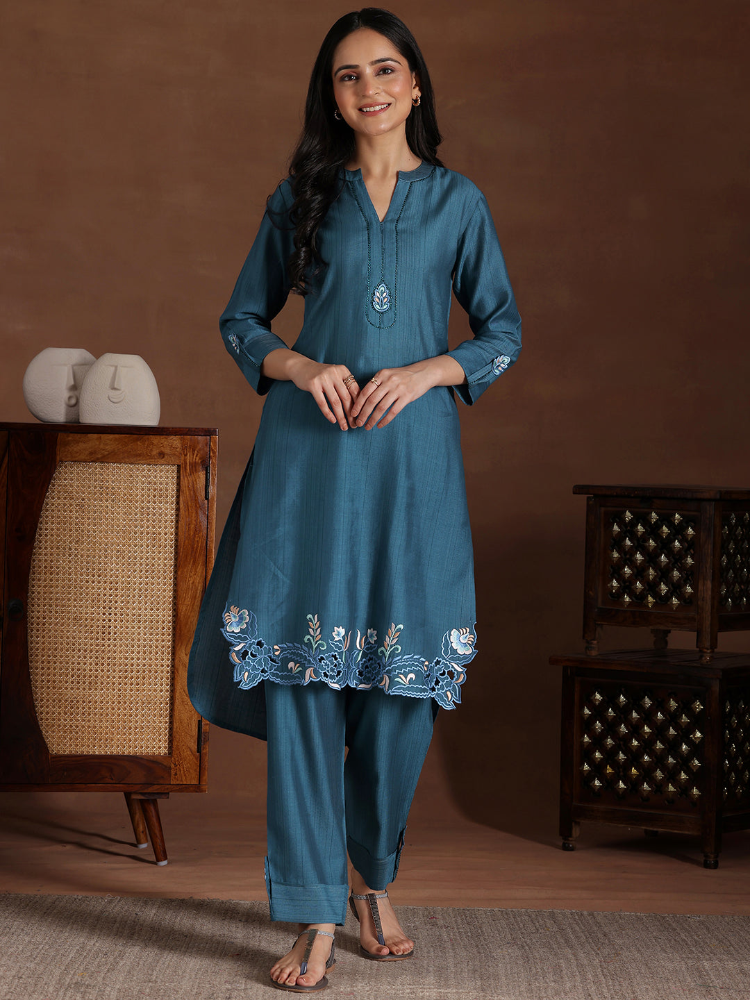 Blue Embroidered Silk Blend Co-Ords