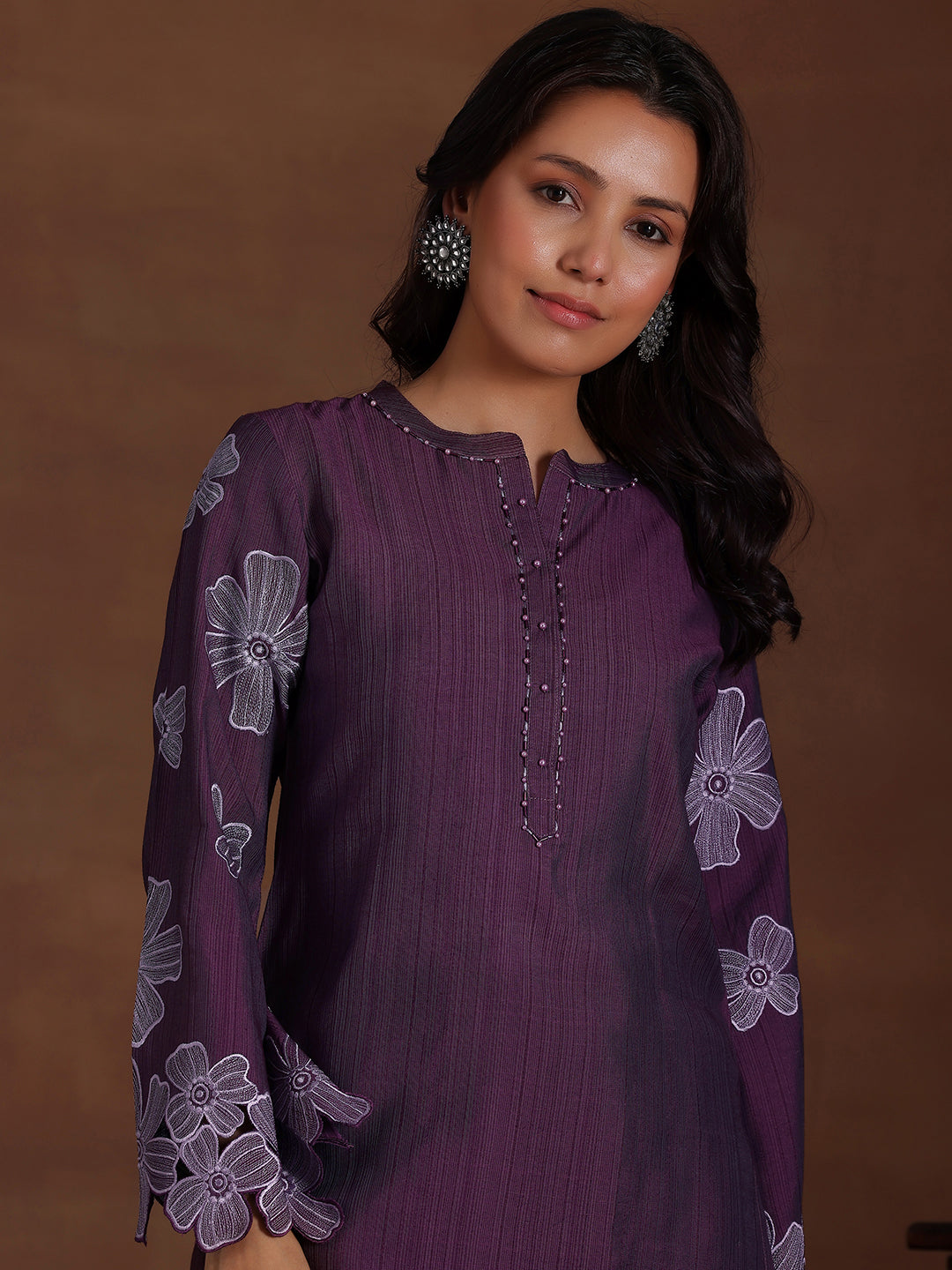 Wine Embroidered Silk Blend Co-Ords