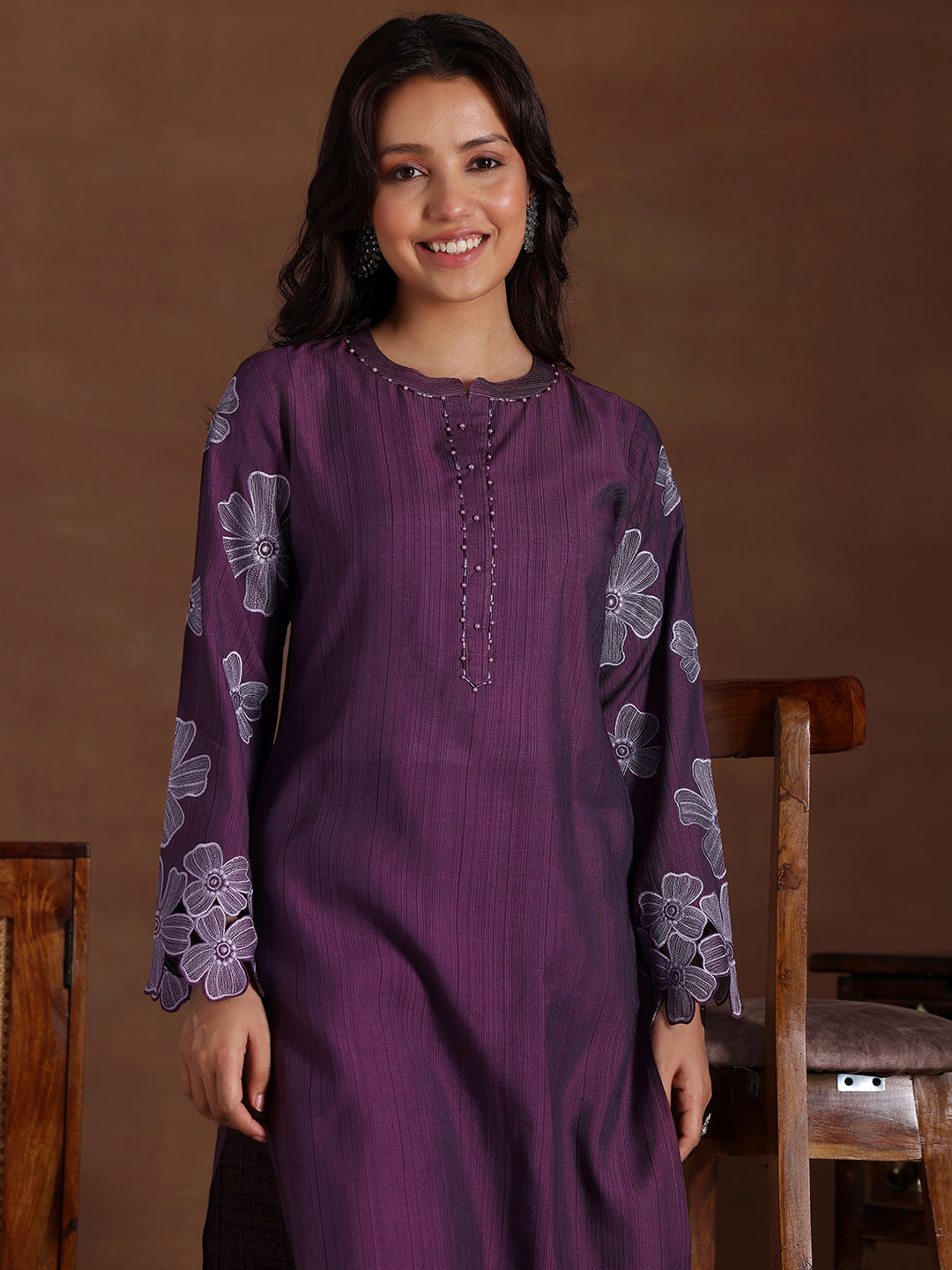 Wine Embroidered Silk Blend Co-Ords