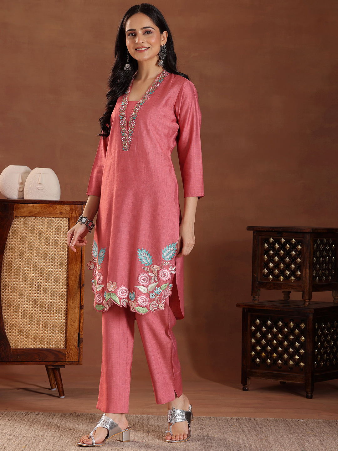 Coral Embroidered Silk Blend Co-Ords