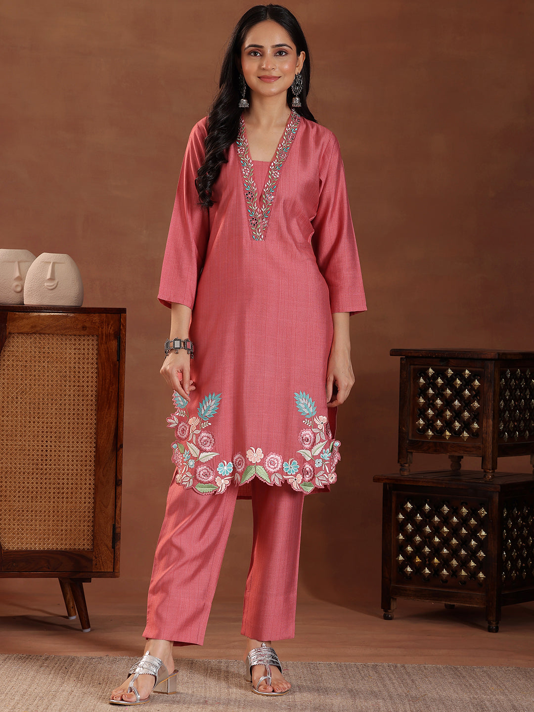 Coral Embroidered Silk Blend Co-Ords