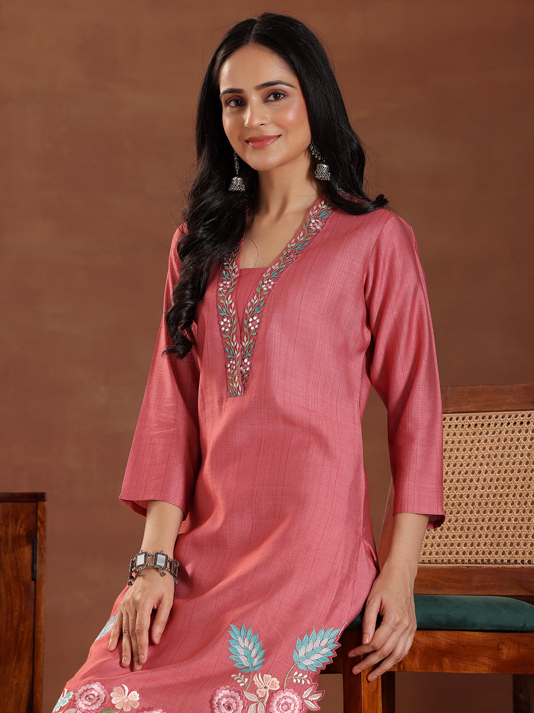 Coral Embroidered Silk Blend Co-Ords