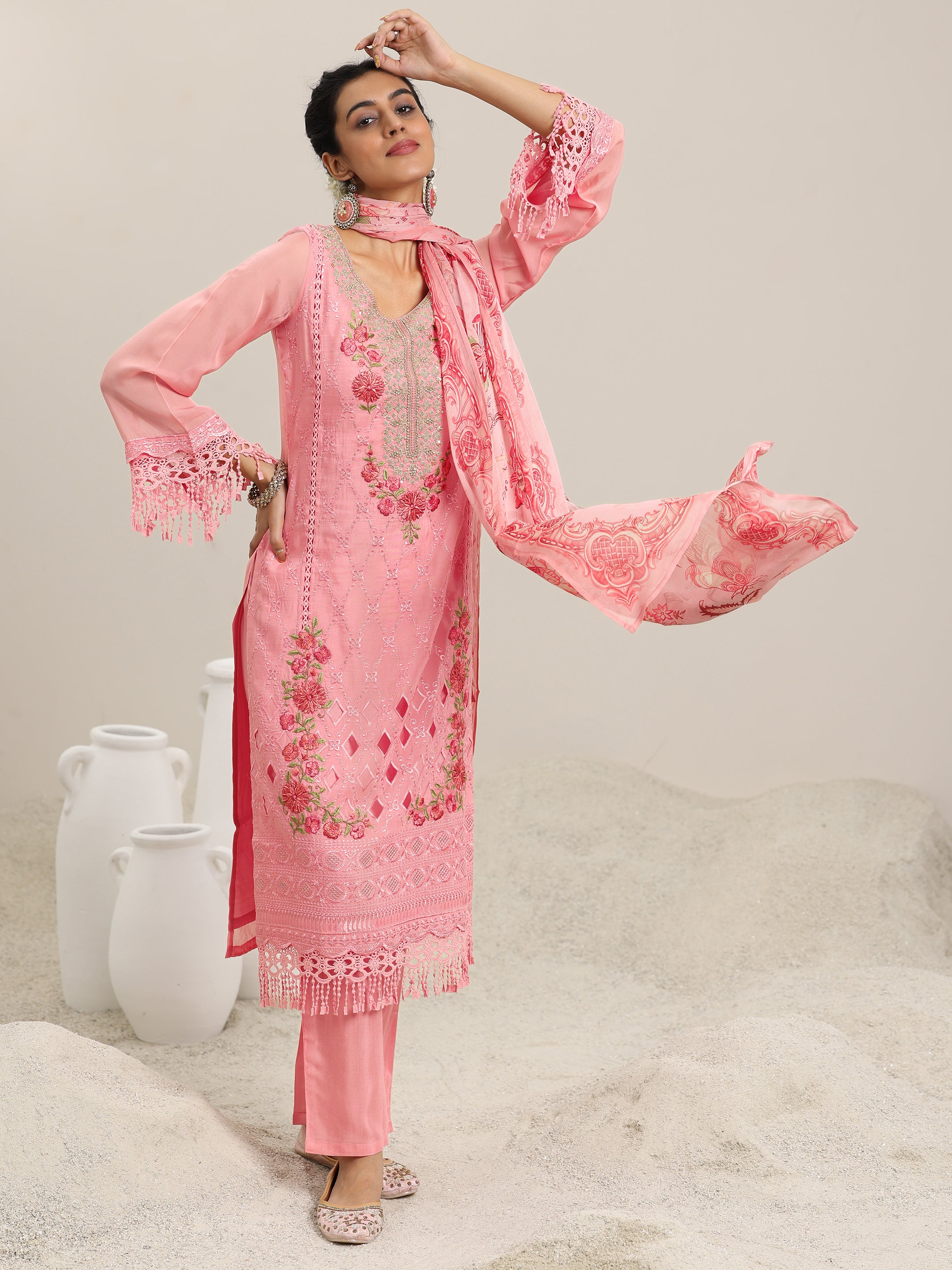 Pink Embroidered Organza Straight Suit With Dupatta