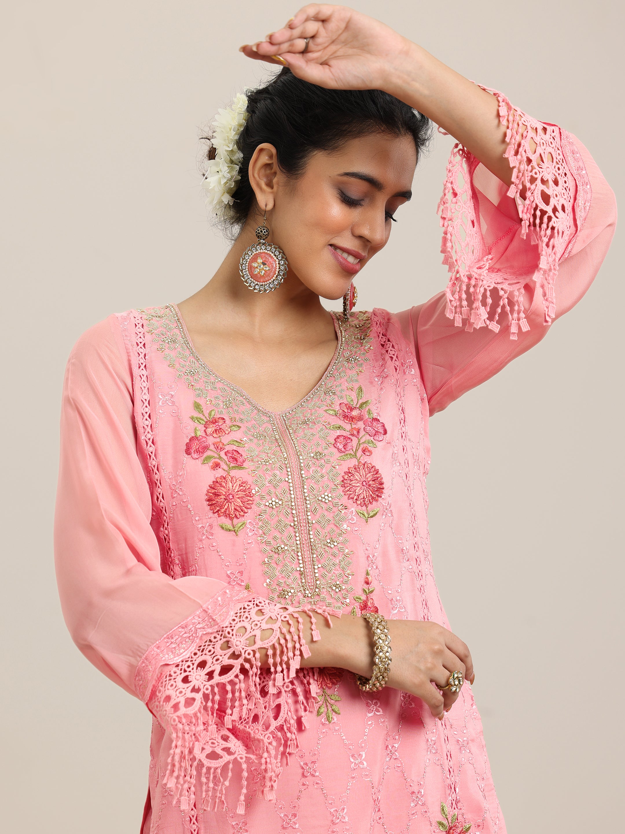 Pink Embroidered Organza Straight Suit With Dupatta