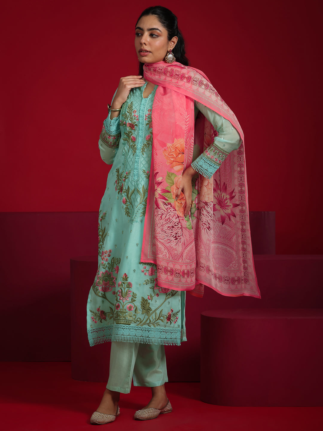 Libas Art Sea Green Embroidered Organza Straight Suit With Dupatta