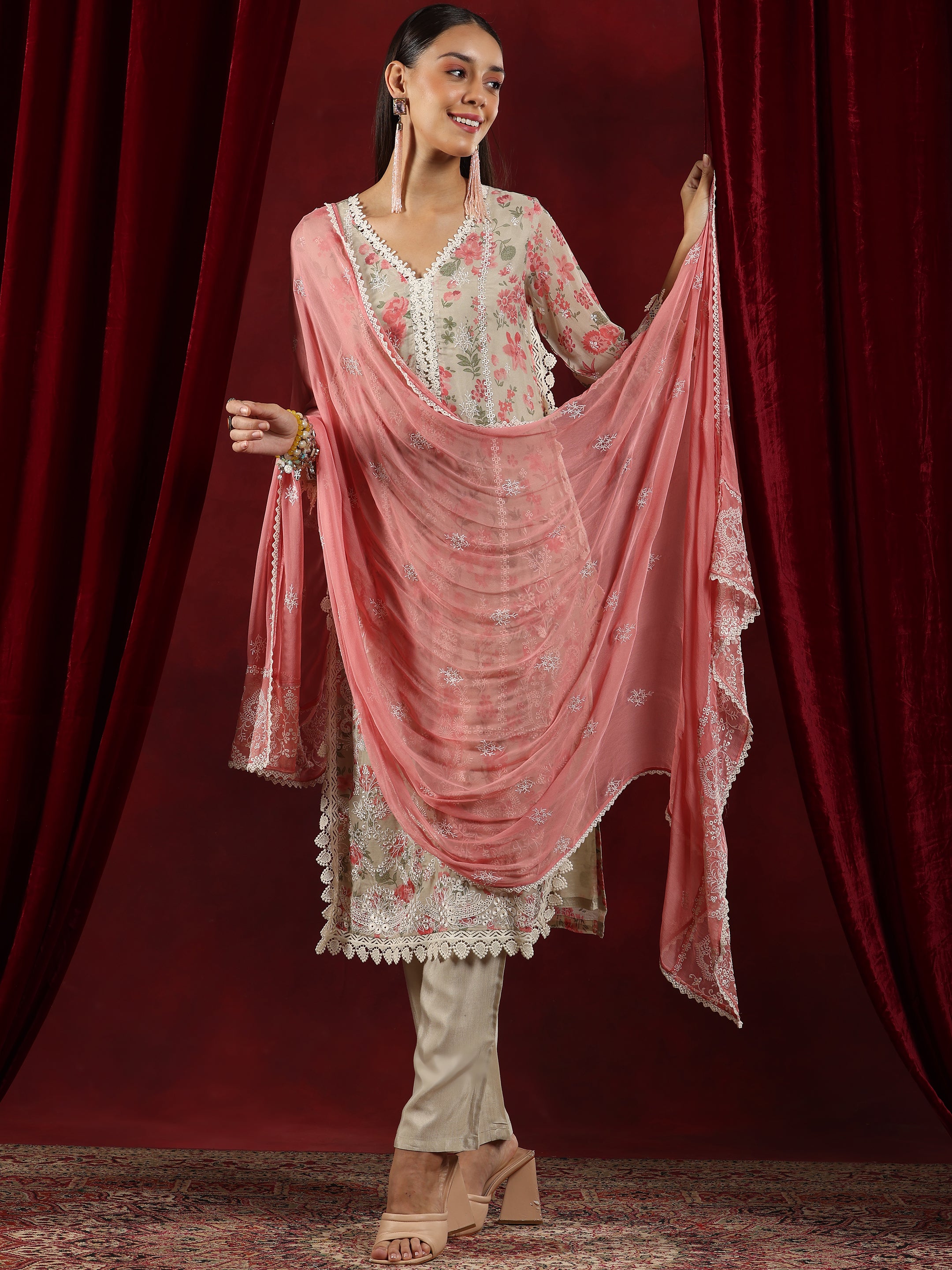 Libas Art Beige Printed Organza Straight Suit With Dupatta