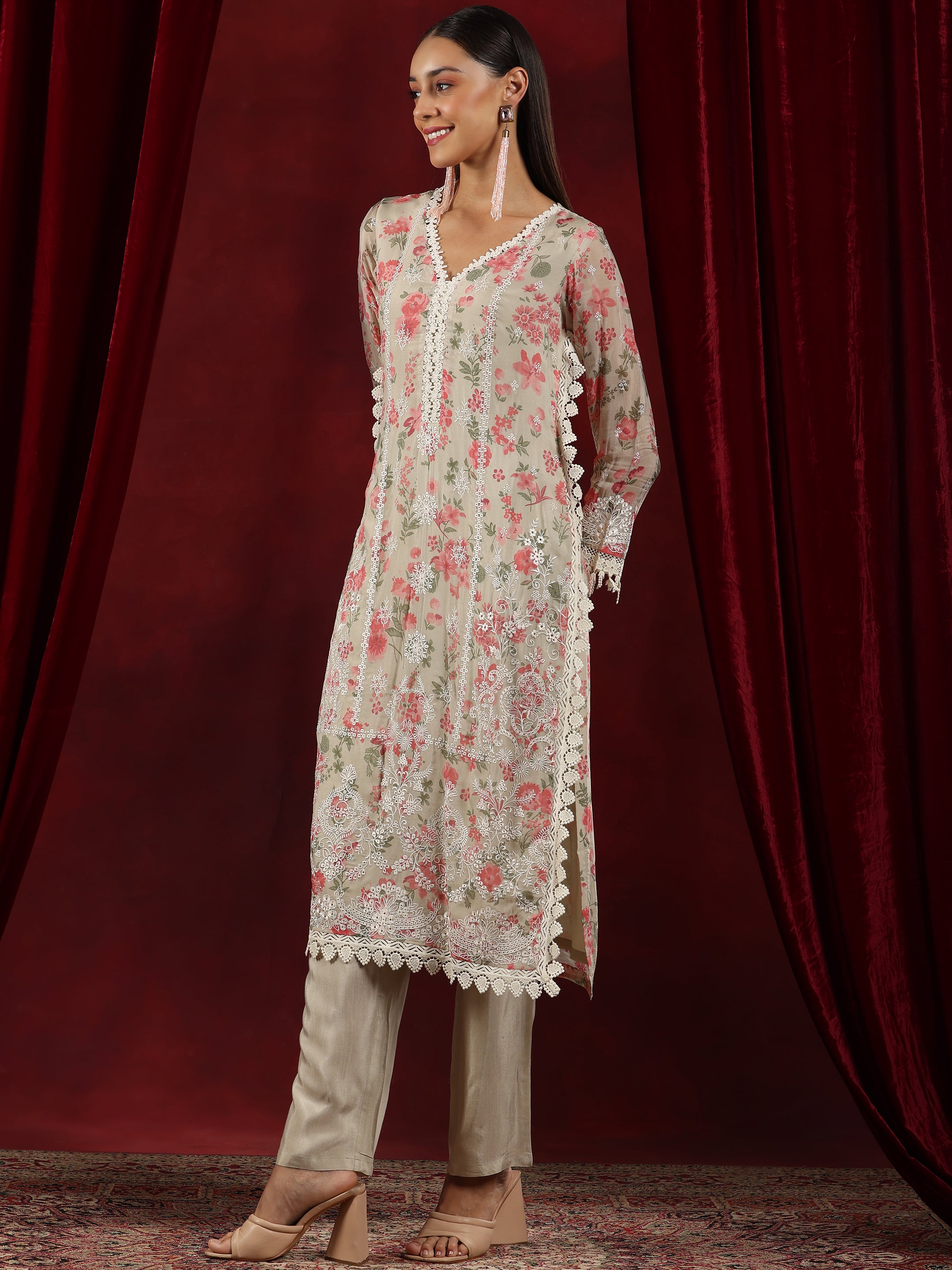 Libas Art Beige Printed Organza Straight Suit With Dupatta