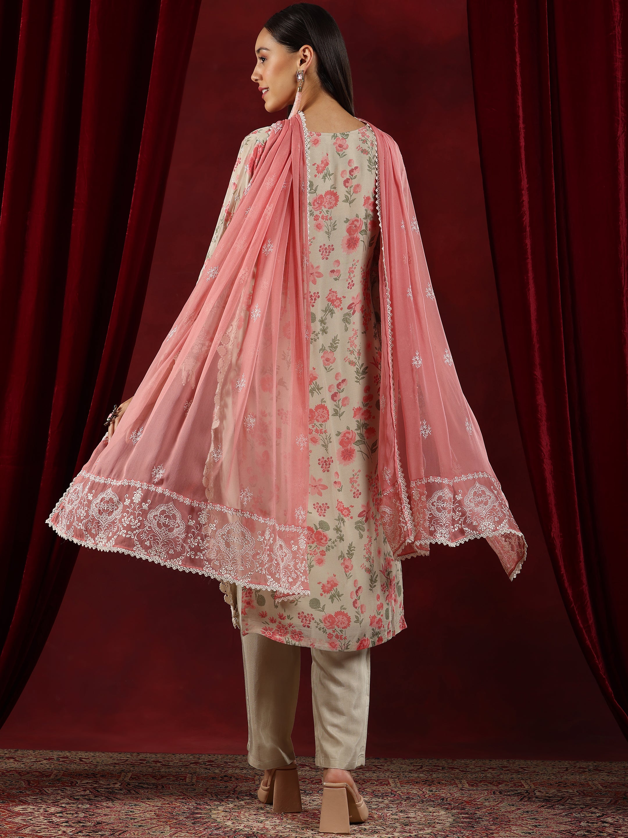 Libas Art Beige Printed Organza Straight Suit With Dupatta