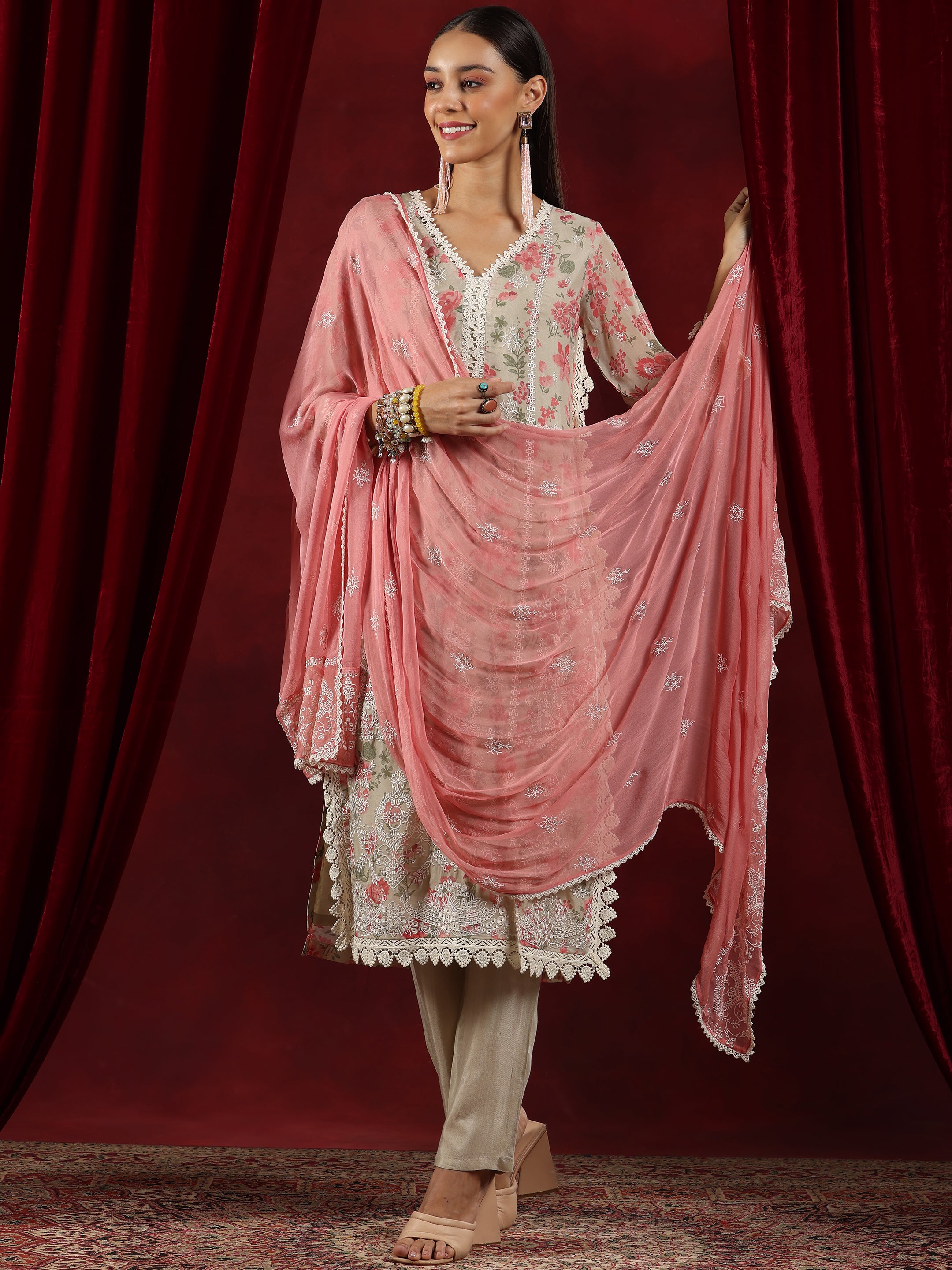 Libas Art Beige Printed Organza Straight Suit With Dupatta