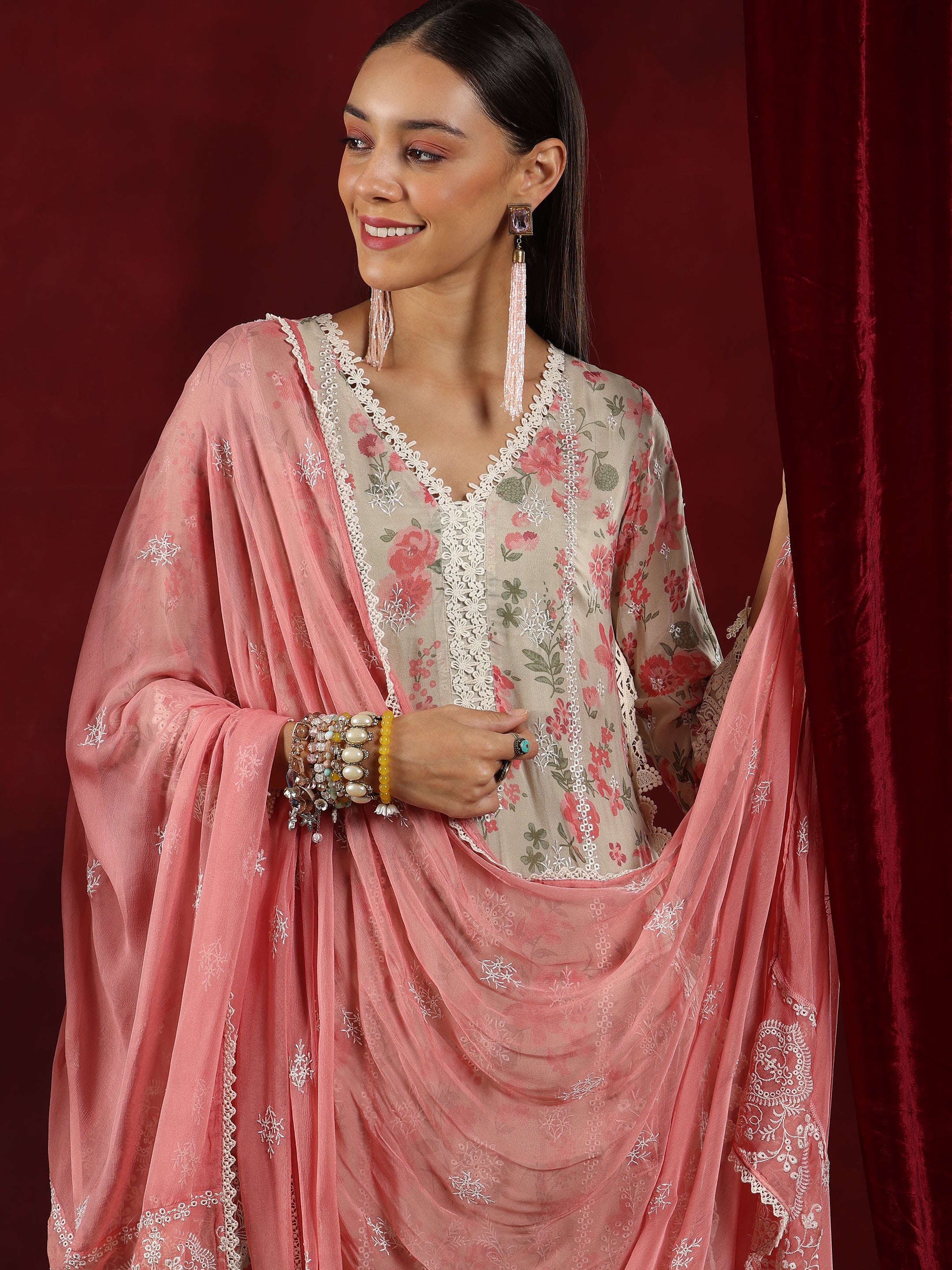 Libas Art Beige Printed Organza Straight Suit With Dupatta