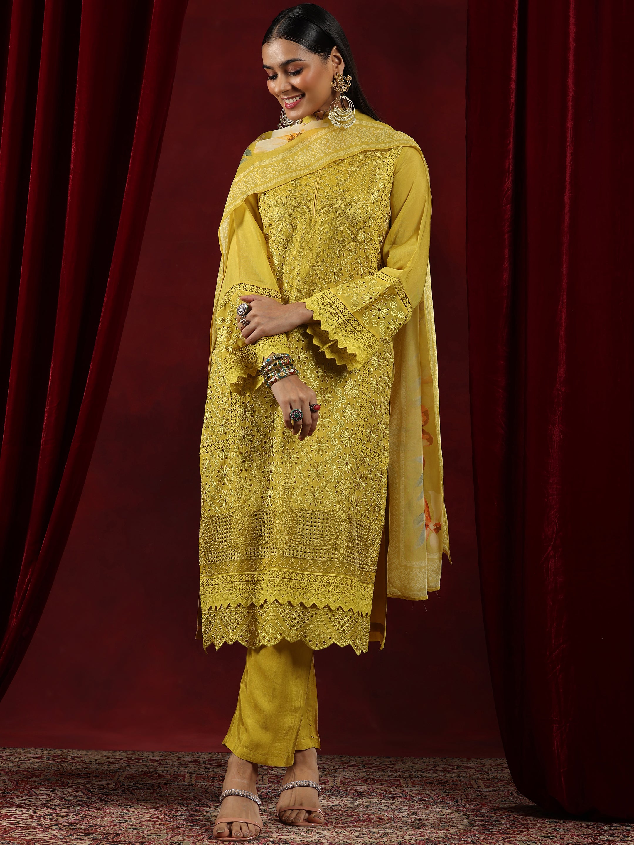 Libas Art Mustard Embroidered Organza Straight Suit With Dupatta