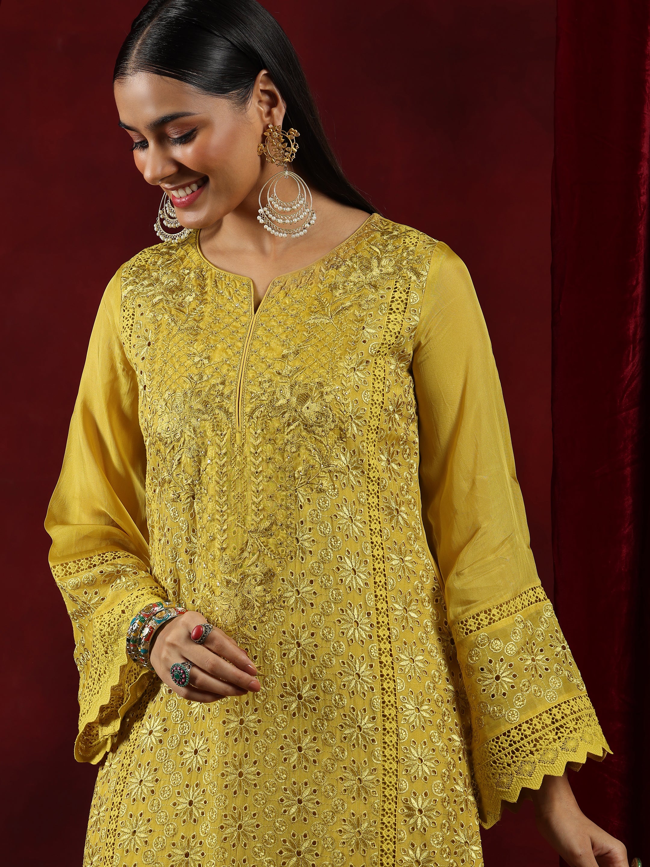 Libas Art Mustard Embroidered Organza Straight Suit With Dupatta