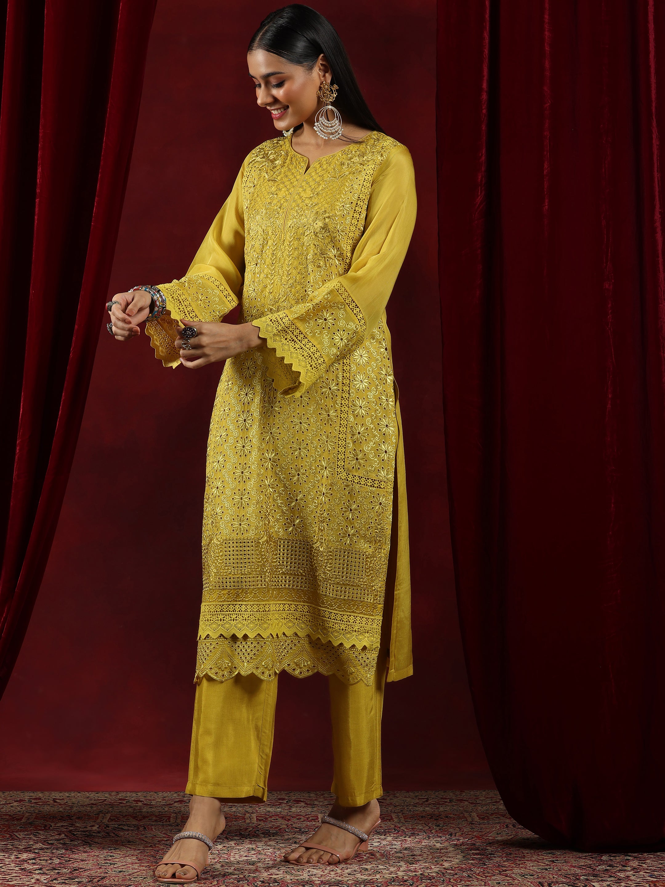 Libas Art Mustard Embroidered Organza Straight Suit With Dupatta