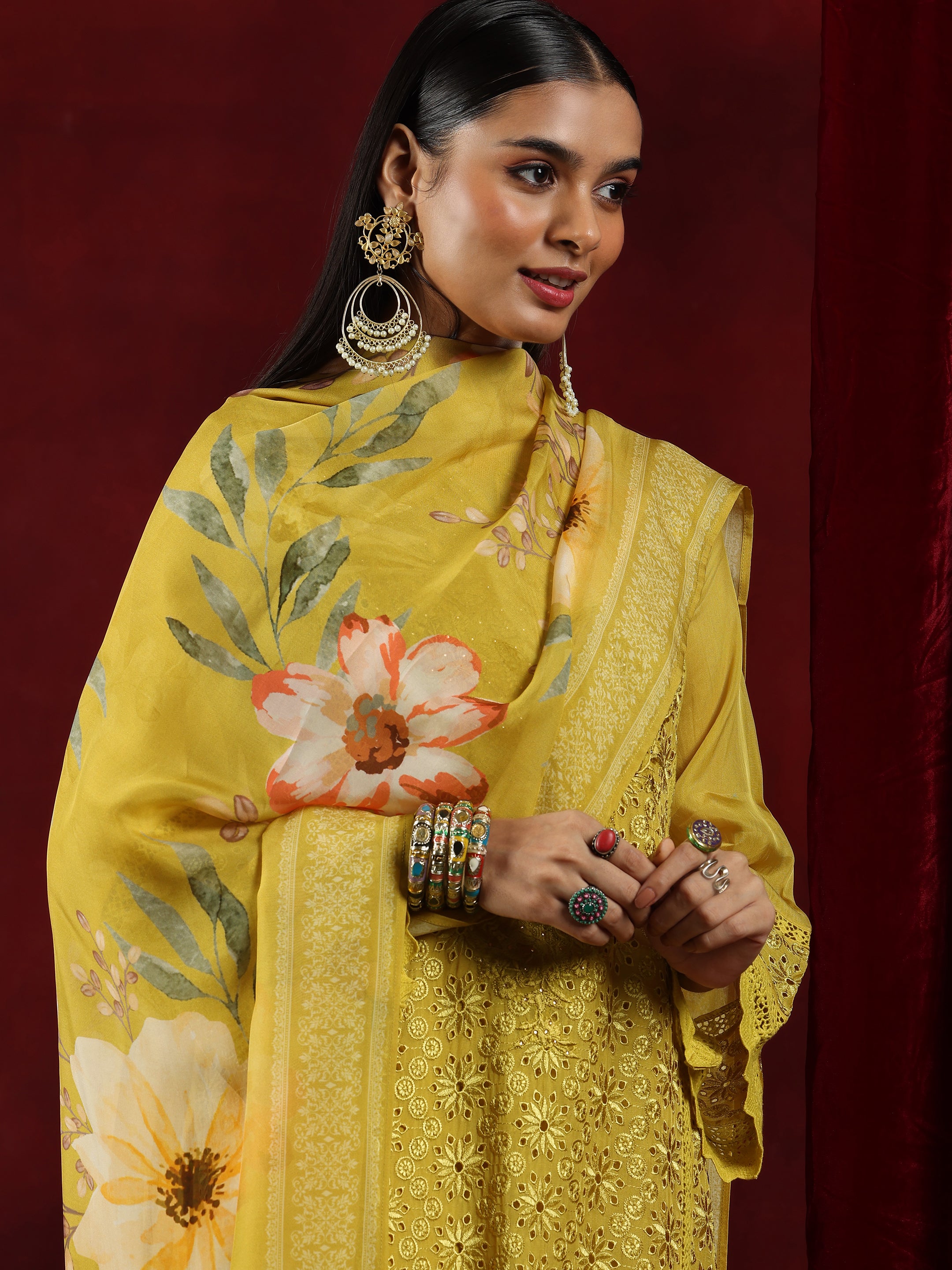 Libas Art Mustard Embroidered Organza Straight Suit With Dupatta