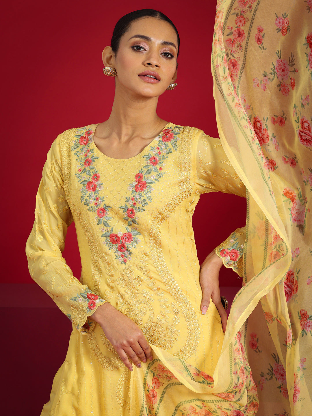 Libas Art Yellow Embroidered Organza Straight Suit With Dupatta