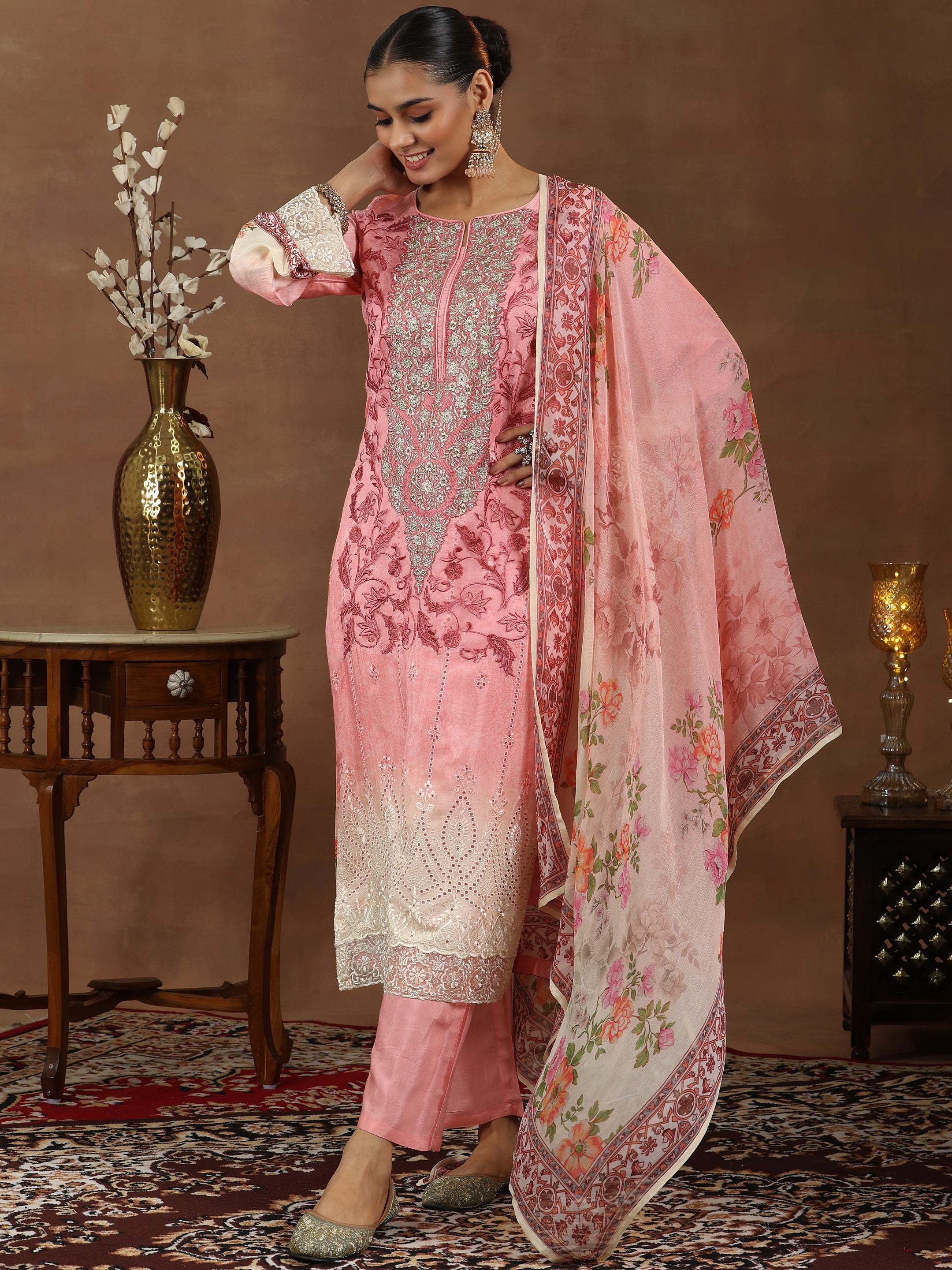 Pink Embroidered Silk Blend Straight Suit With Dupatta