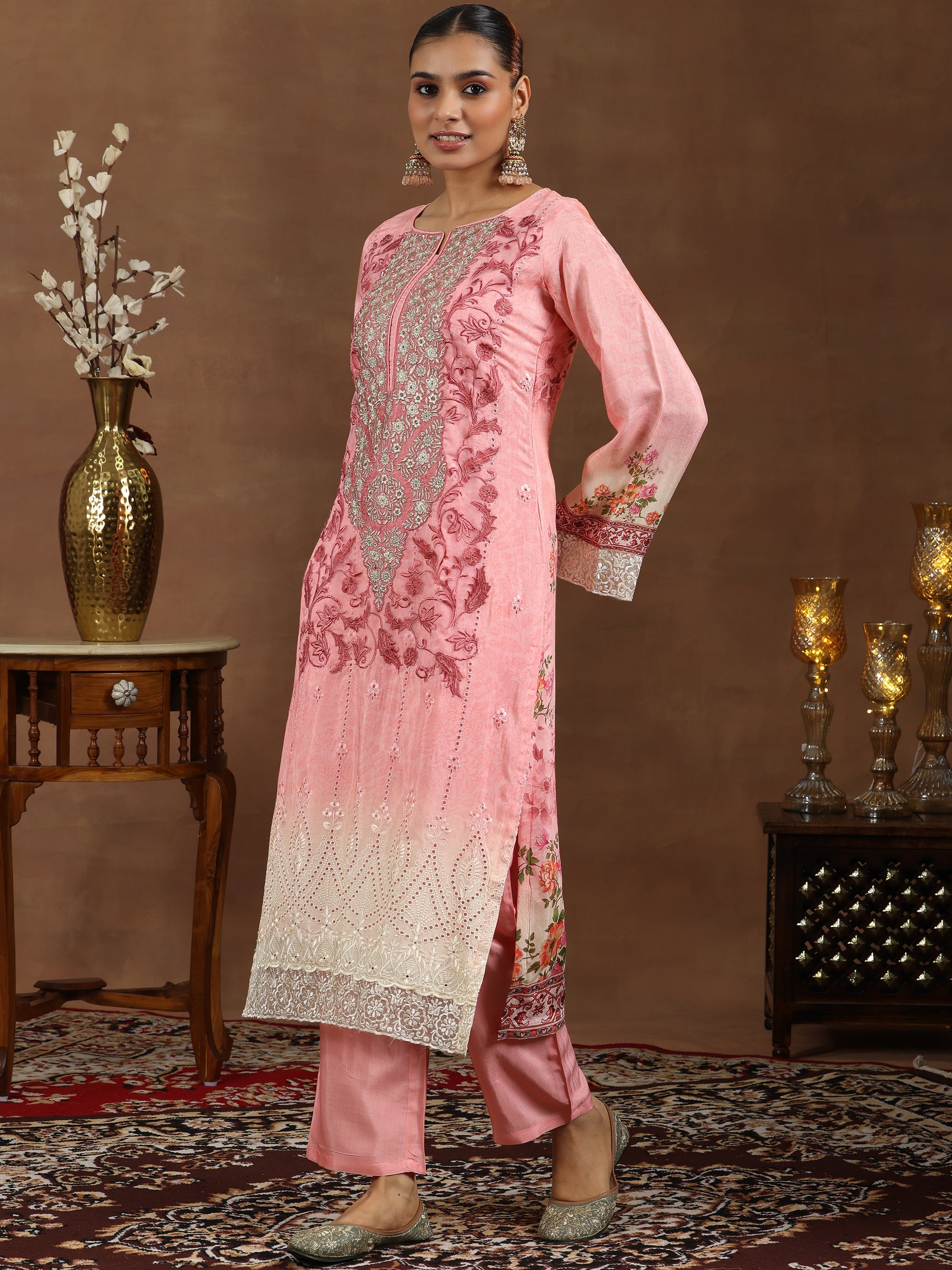 Pink Embroidered Silk Blend Straight Suit With Dupatta