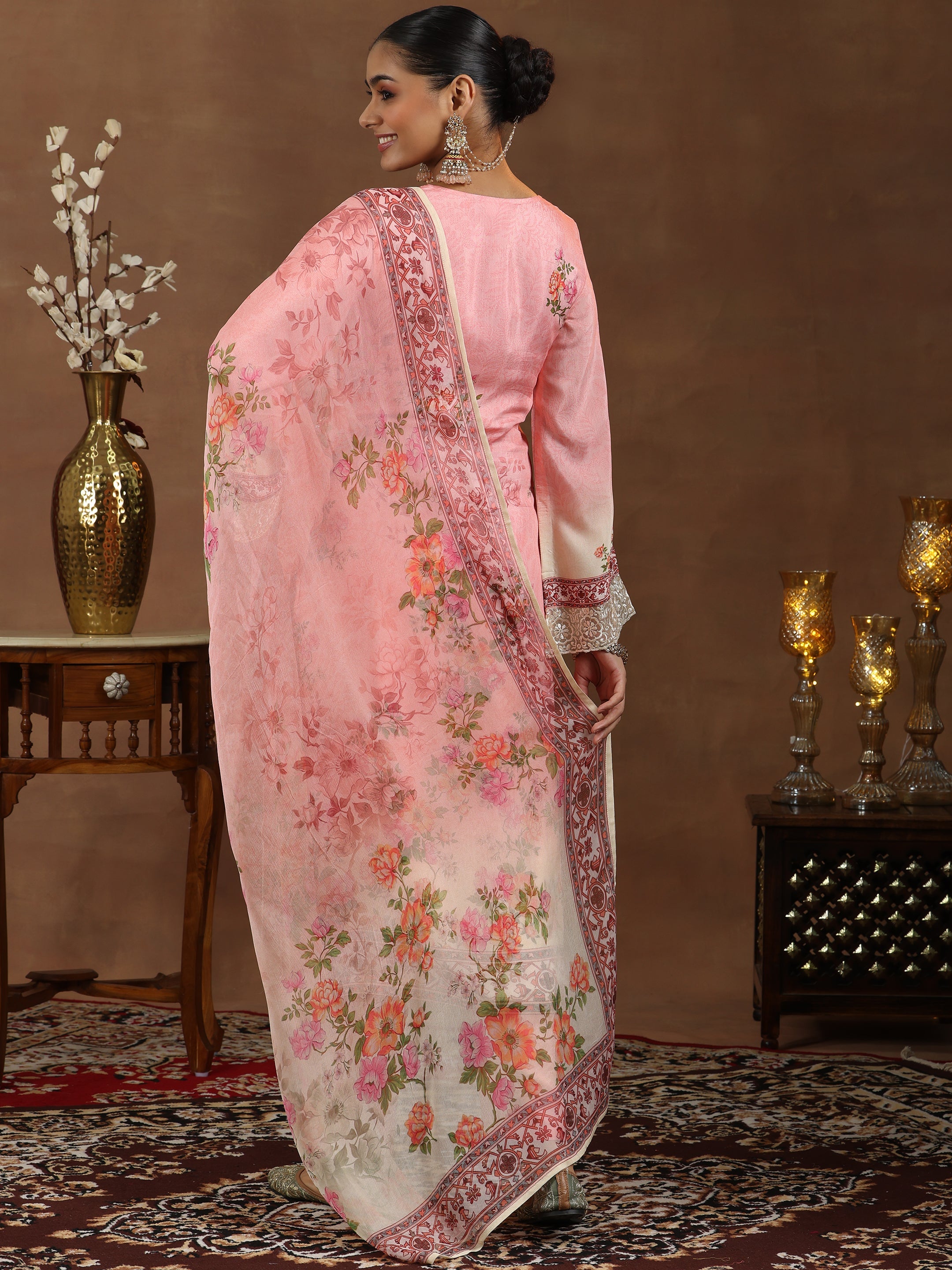 Pink Embroidered Silk Blend Straight Suit With Dupatta