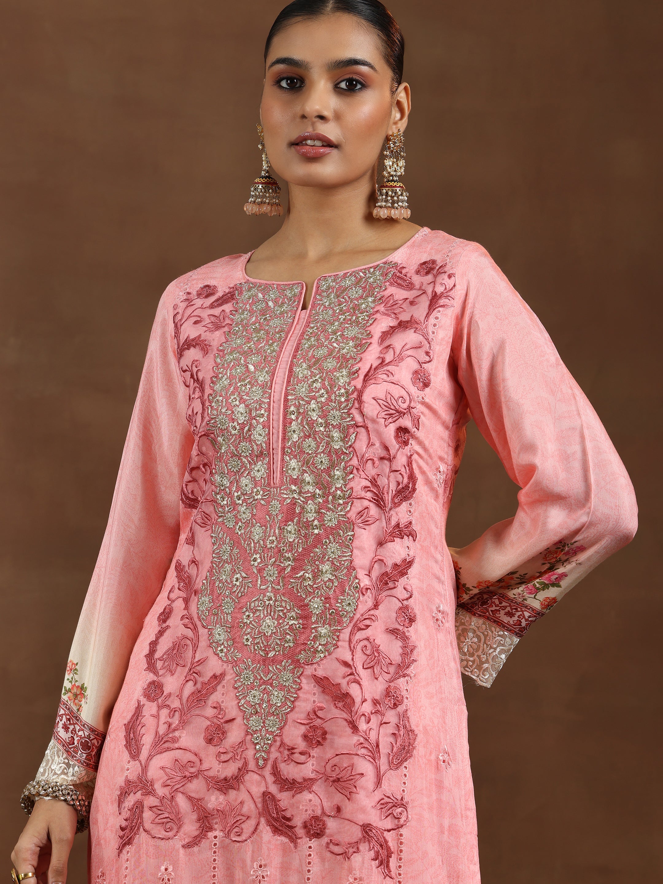 Pink Embroidered Silk Blend Straight Suit With Dupatta