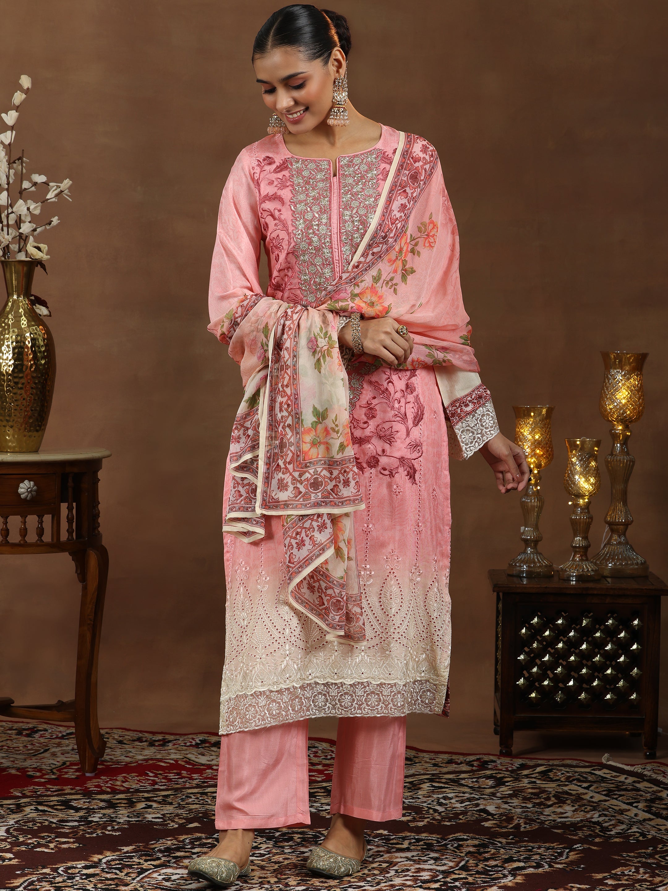 Pink Embroidered Silk Blend Straight Suit With Dupatta