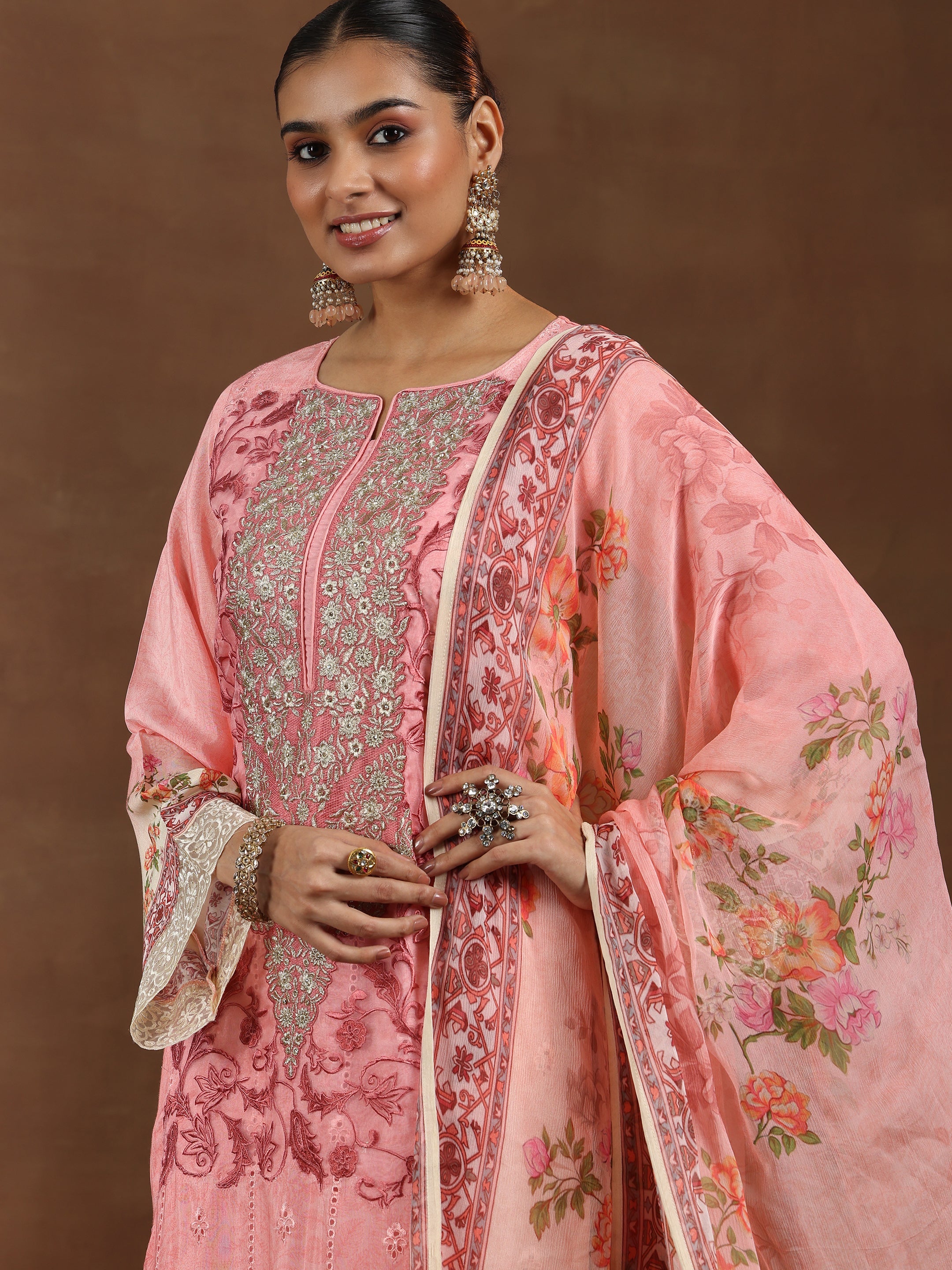 Pink Embroidered Silk Blend Straight Suit With Dupatta