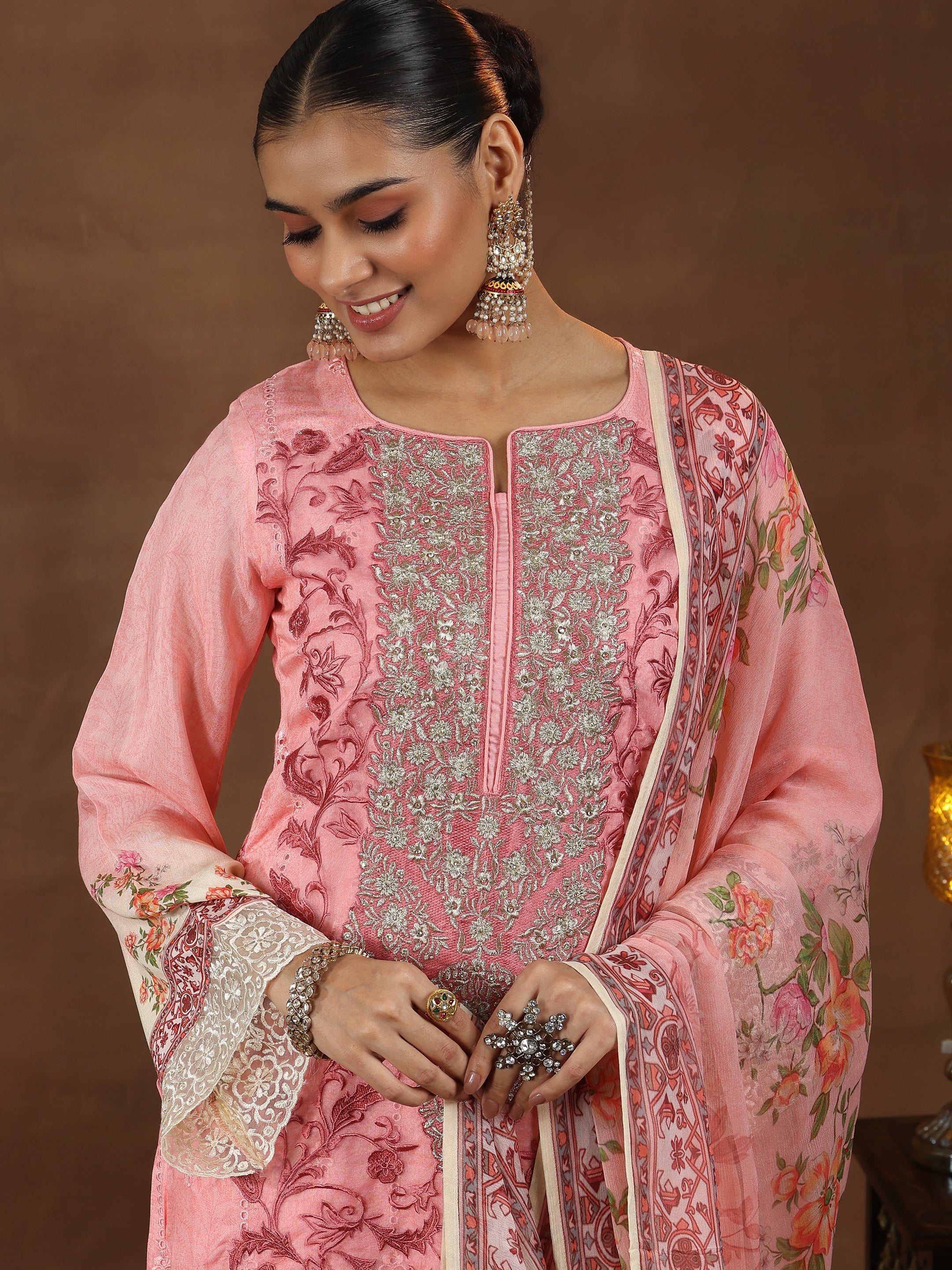 Pink Embroidered Silk Blend Straight Suit With Dupatta