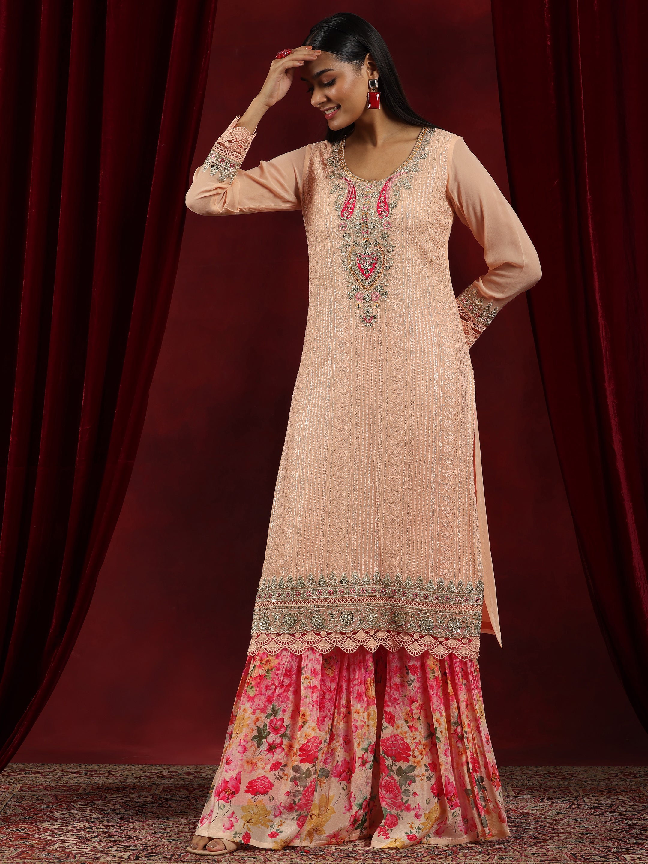 Libas Art Peach Embroidered Georgette Straight Suit With Dupatta