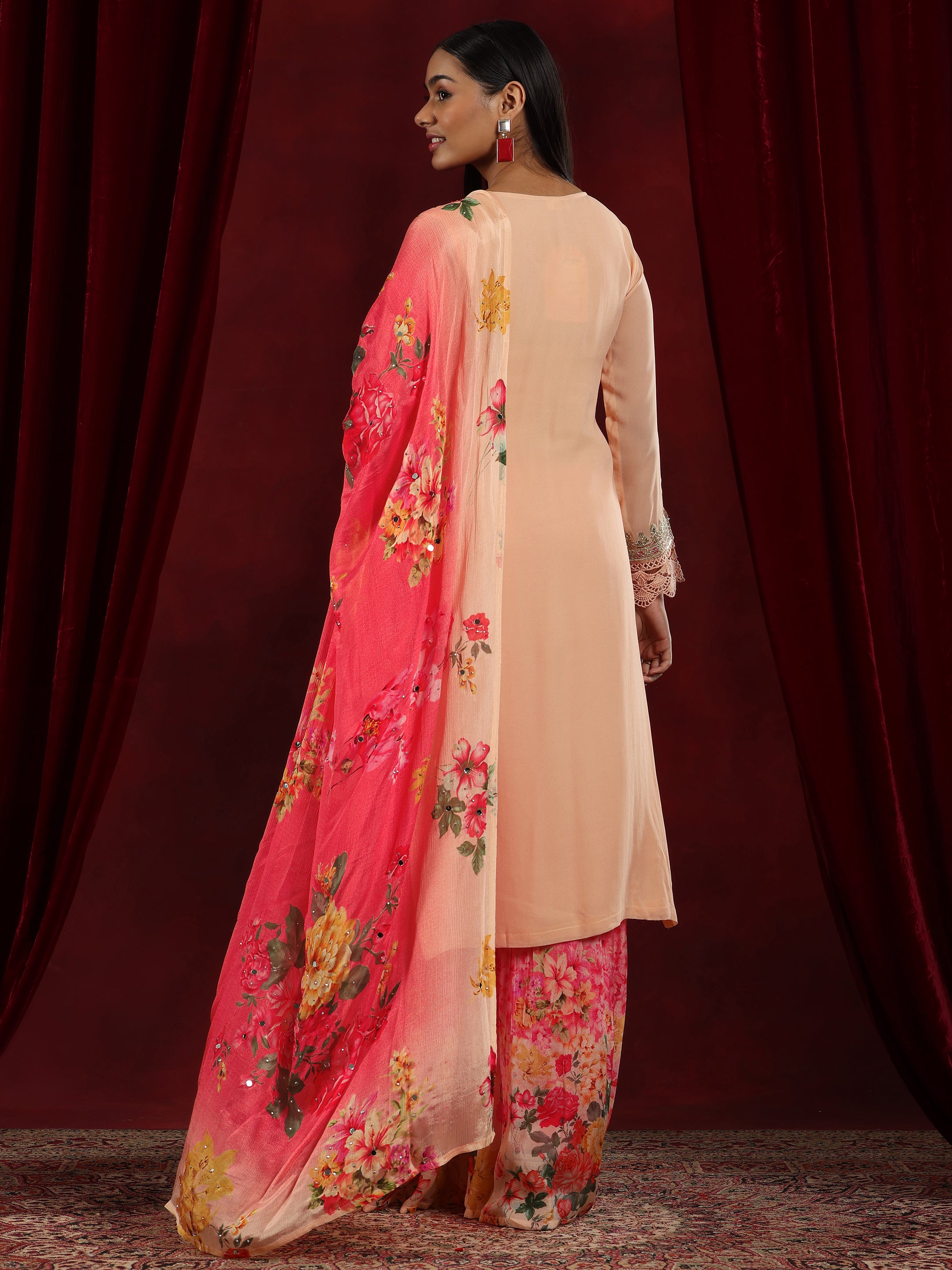 Libas Art Peach Embroidered Georgette Straight Suit With Dupatta