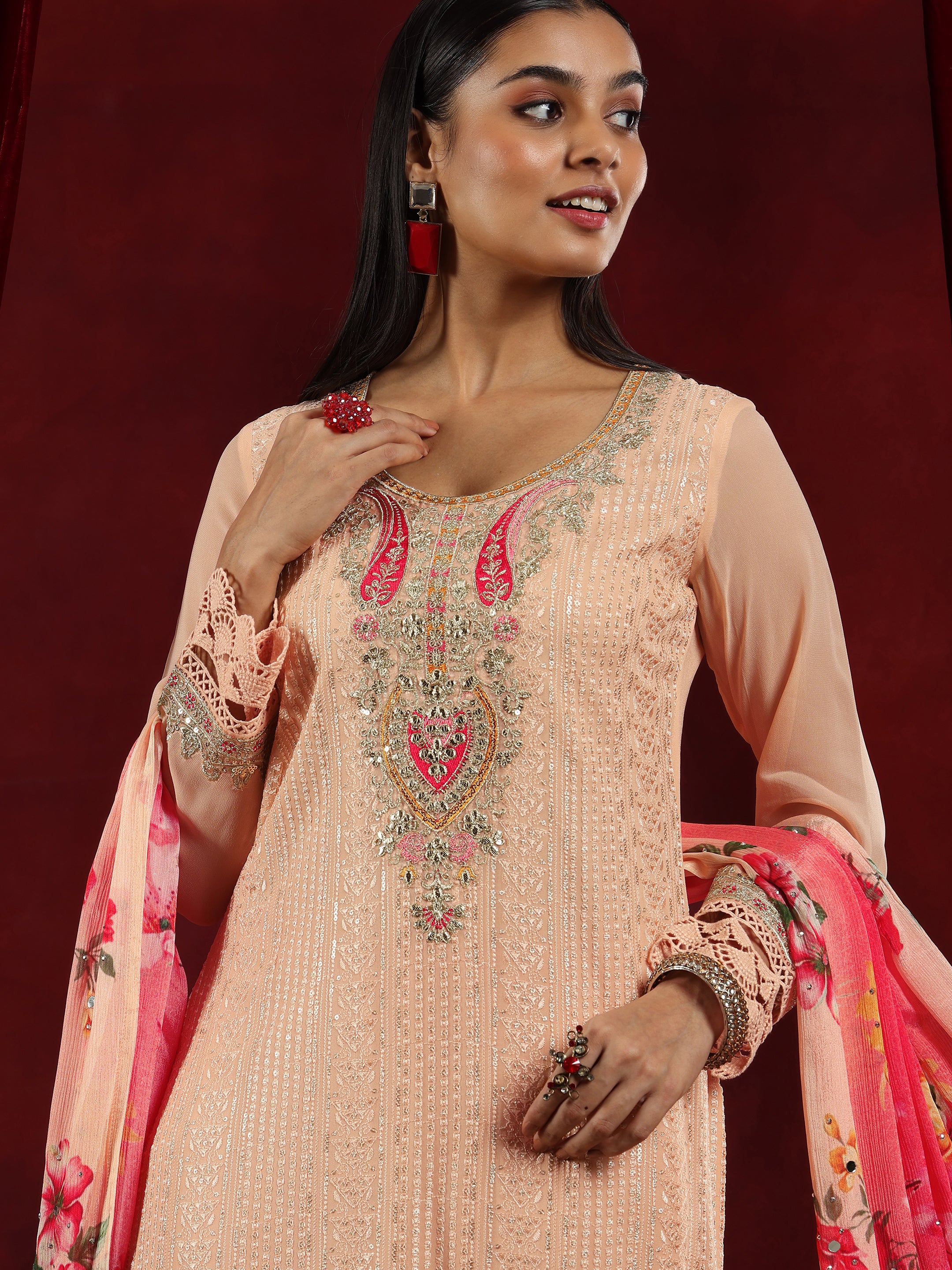 Libas Art Peach Embroidered Georgette Straight Suit With Dupatta