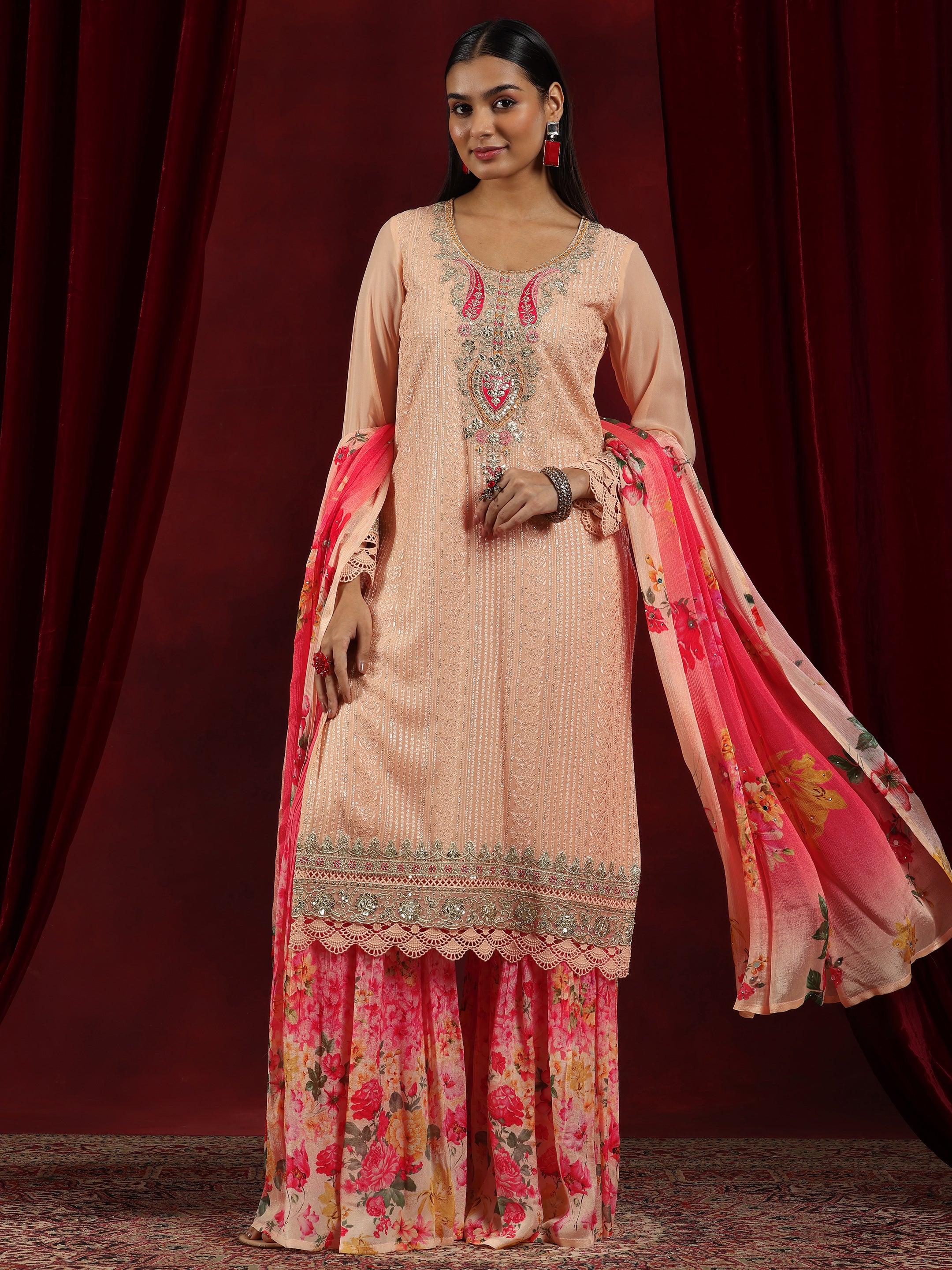 Libas Art Peach Embroidered Georgette Straight Suit With Dupatta