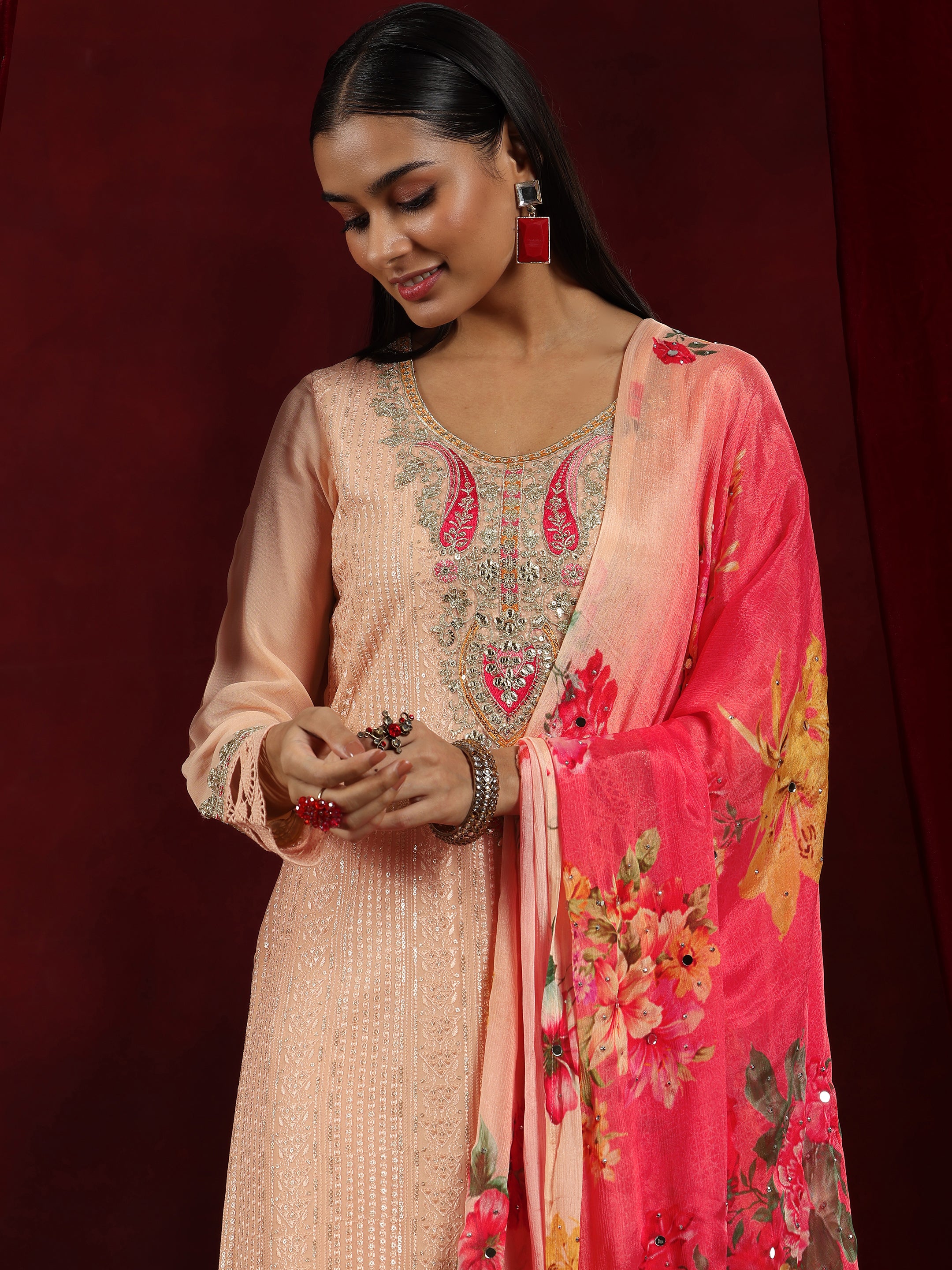 Libas Art Peach Embroidered Georgette Straight Suit With Dupatta