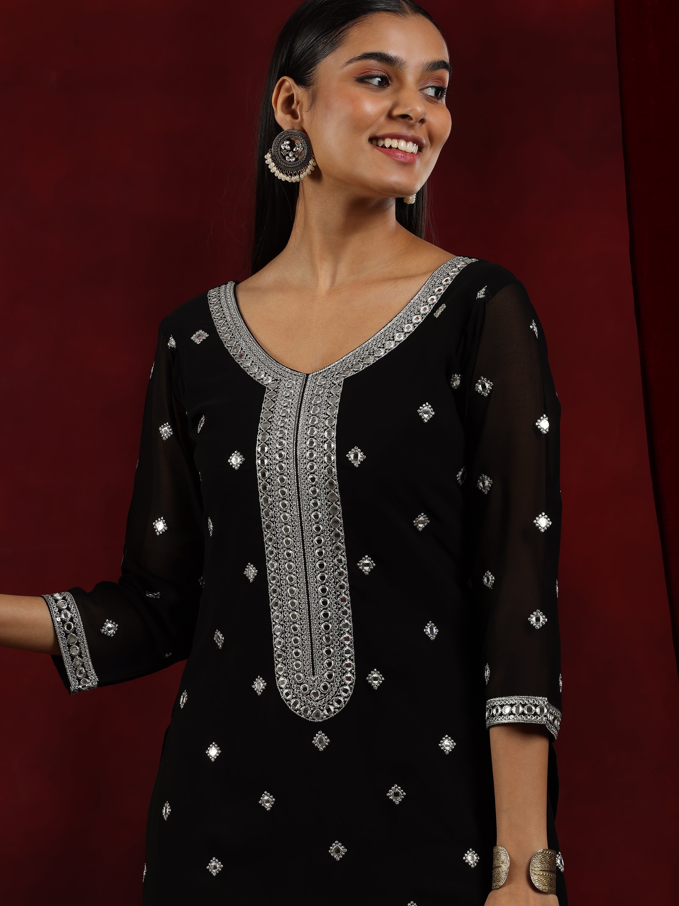 Libas Art Black Embroidered Georgette Straight Suit With Dupatta