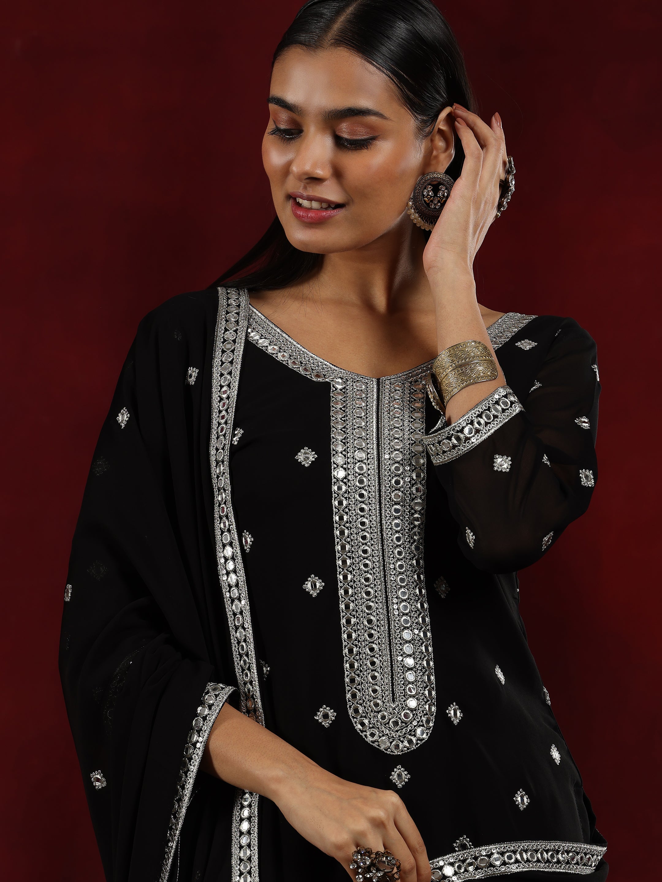 Libas Art Black Embroidered Georgette Straight Suit With Dupatta