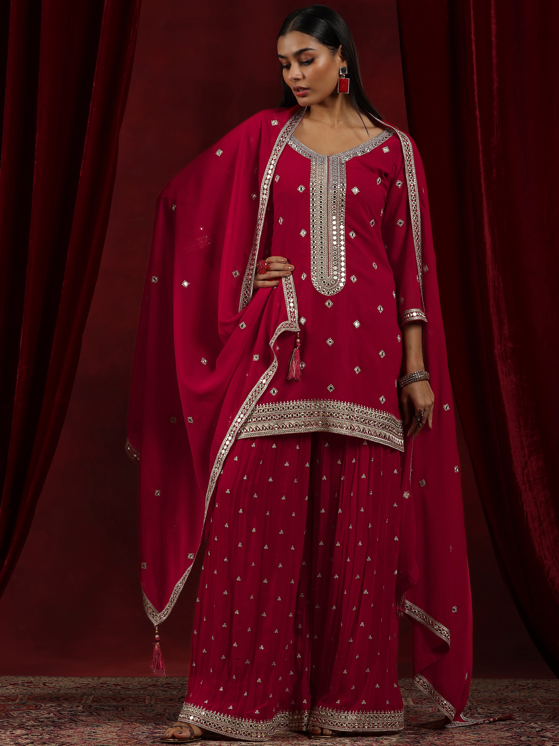 Surkh Libas Art Red Embroidered Georgette Straight Suit With Dupatta