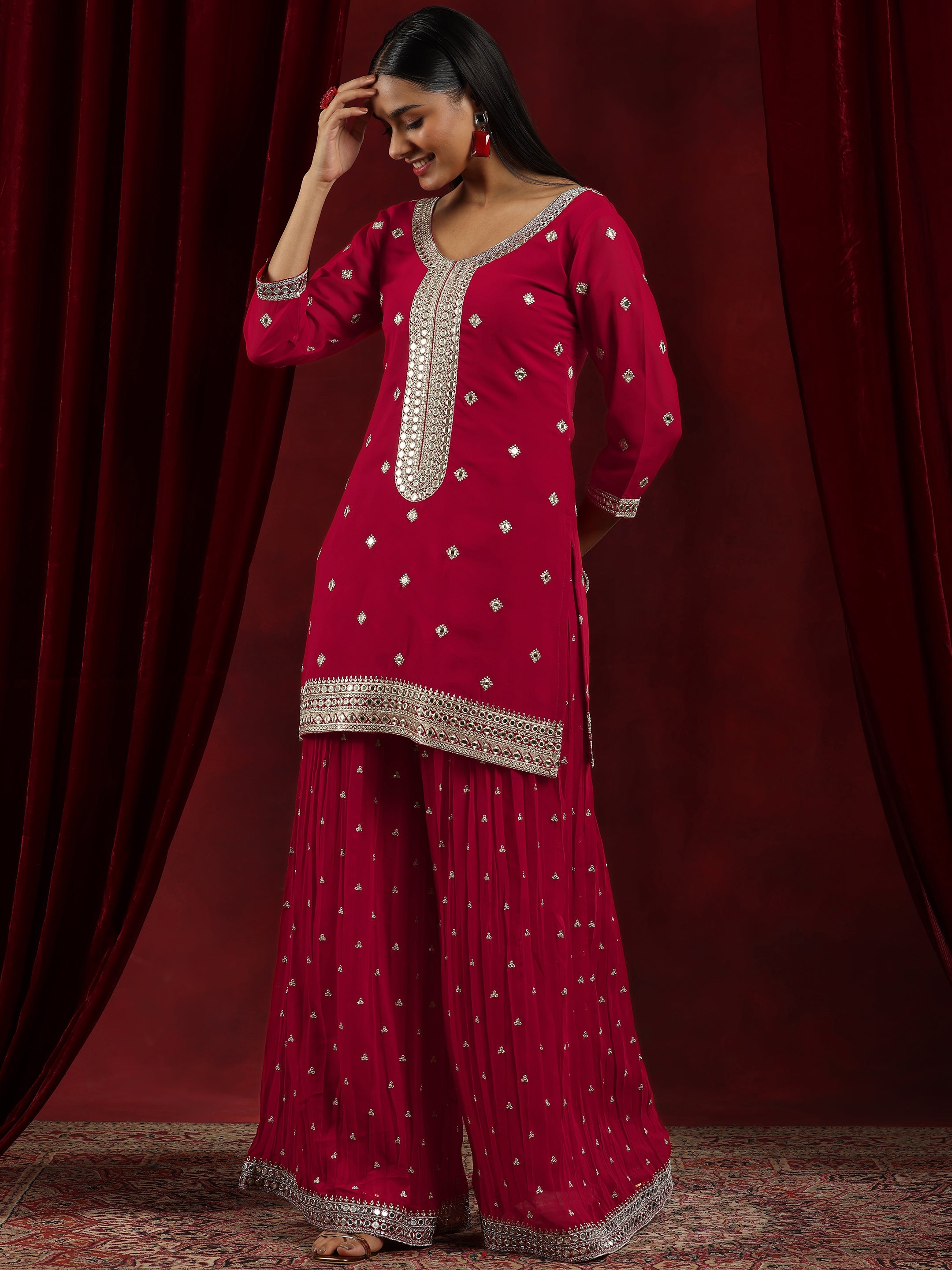 Libas Art Red Embroidered Georgette Straight Suit With Dupatta